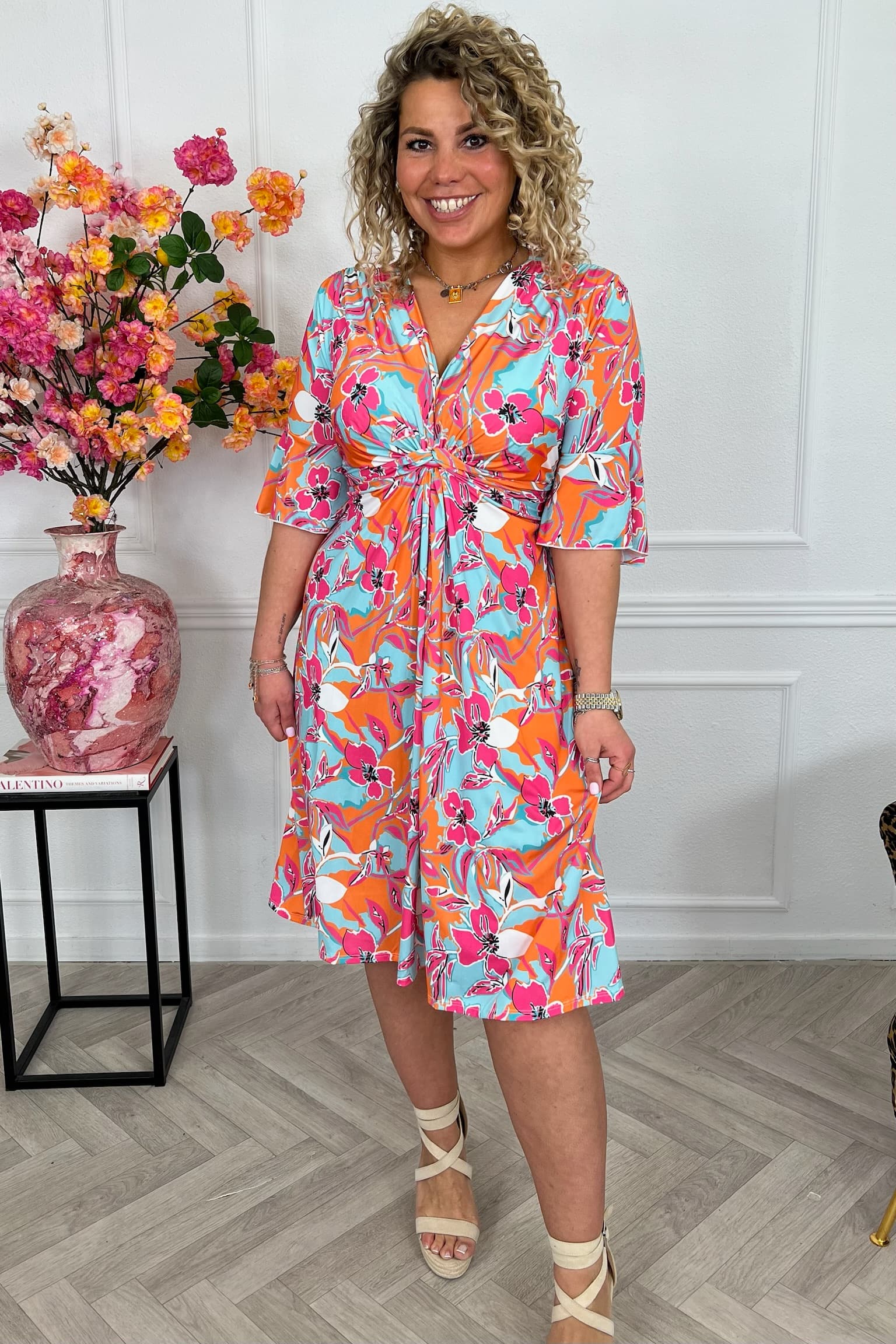 Curvy Short Knotted Celeste Dress - Orange/Turquoise - Image 5
