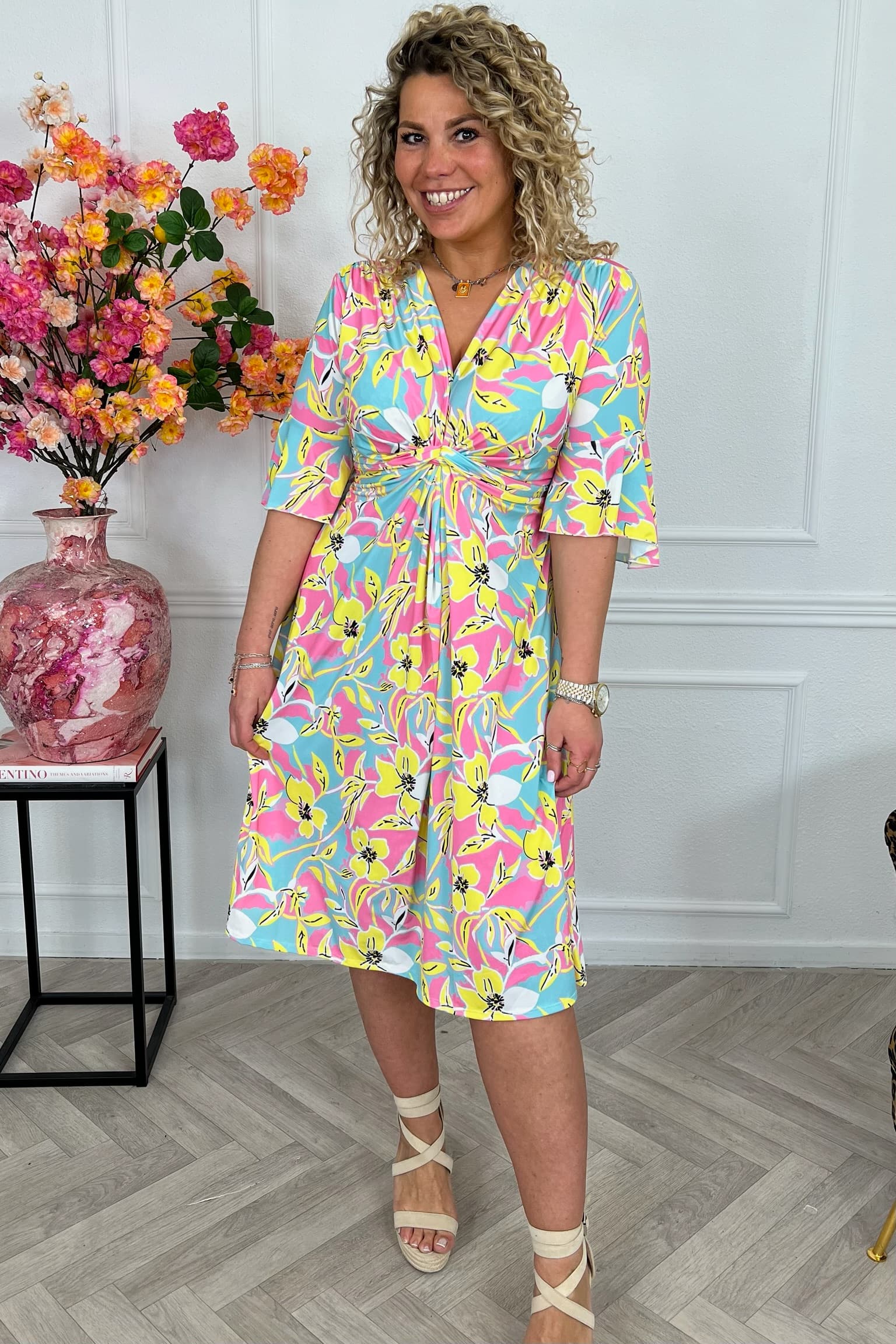 Curvy Short Knotted Celeste Dress - Pink/Yellow/Turquoise PRE-ORDER