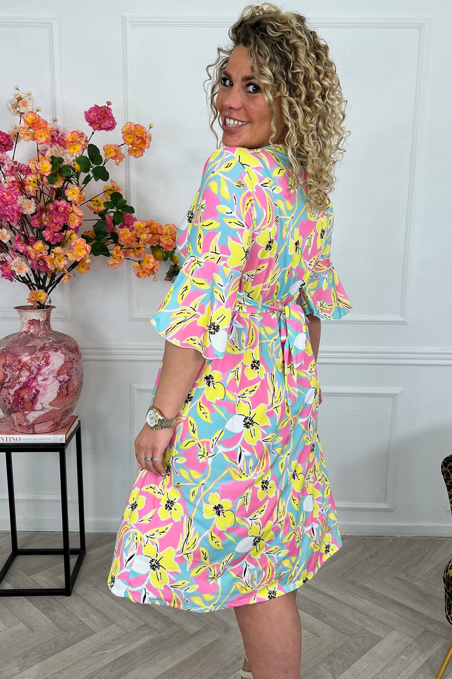 Curvy Short Knotted Celeste Dress - Pink/Yellow/Turquoise PRE-ORDER - Image 3