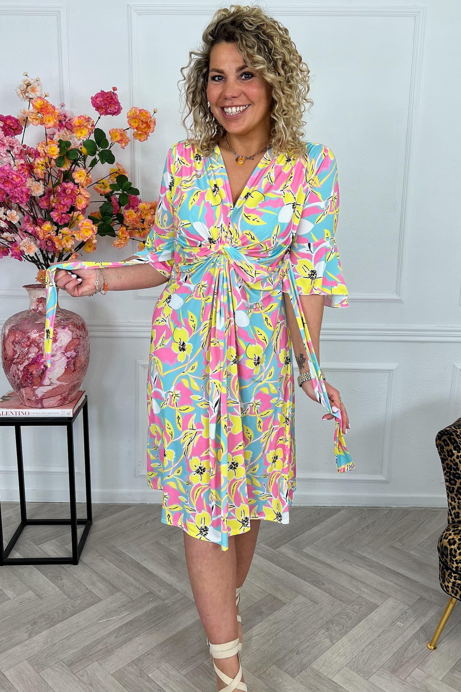 Curvy Short Knotted Celeste Dress - Pink/Yellow/Turquoise PRE-ORDER - Image 7
