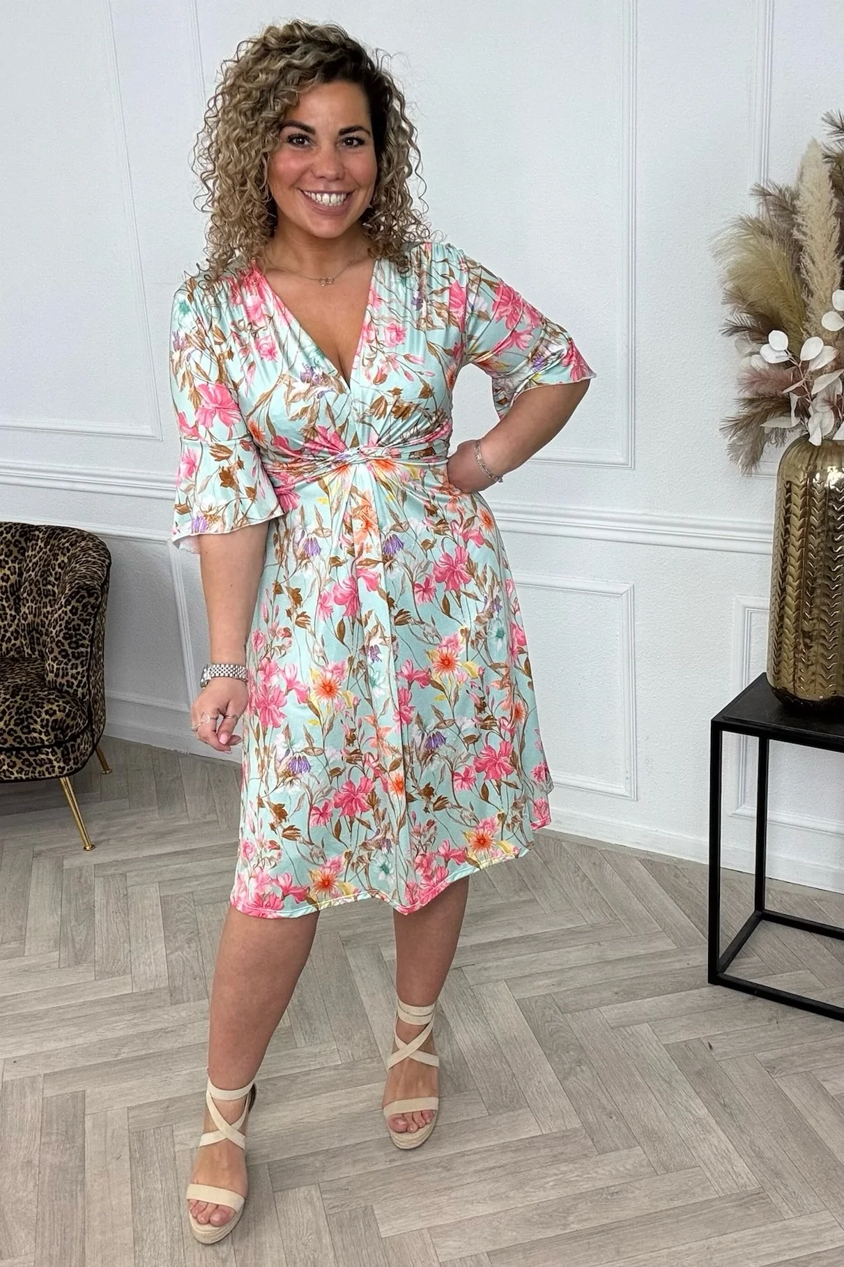 Curvy Short Knotted Claire Flower Dress - Mint