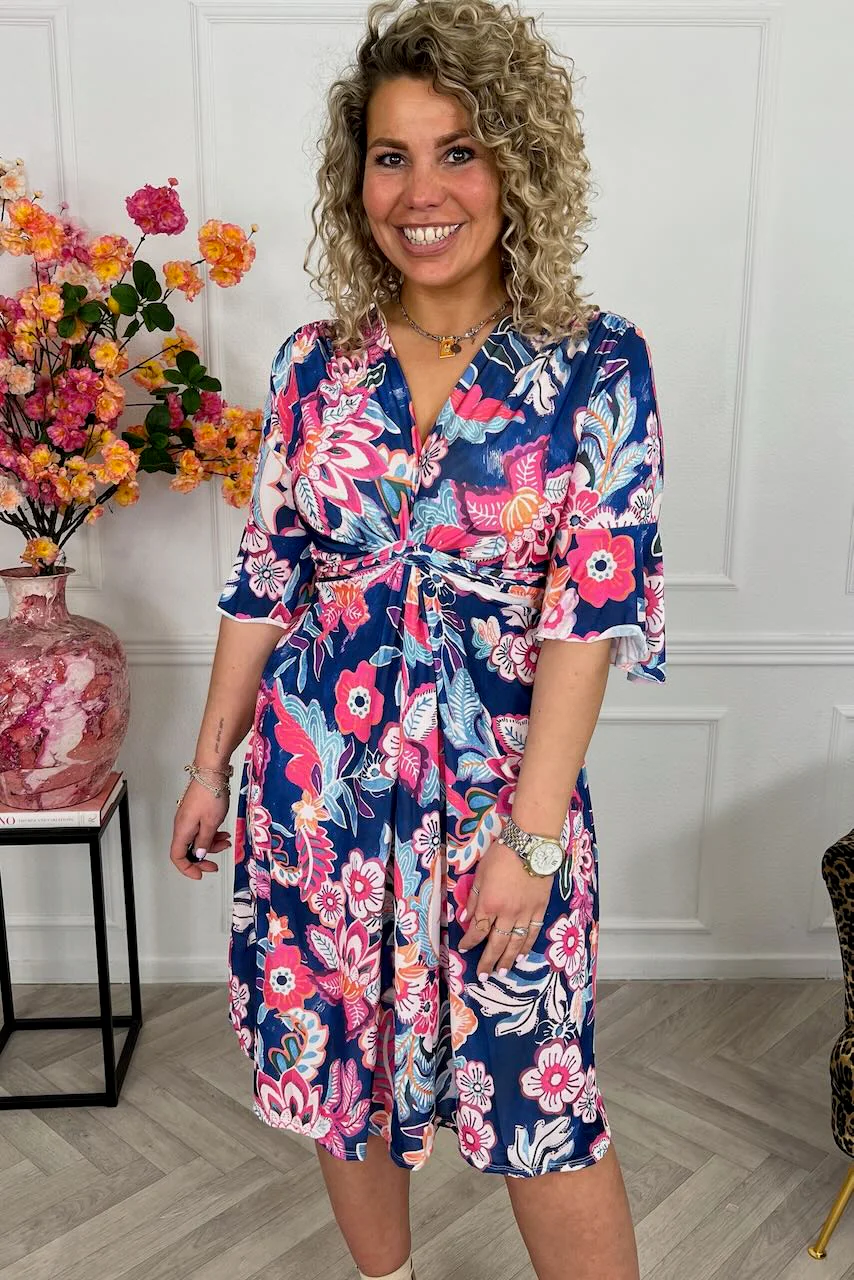 Curvy Short Knotted Flora Dress - Kobalt/Pink