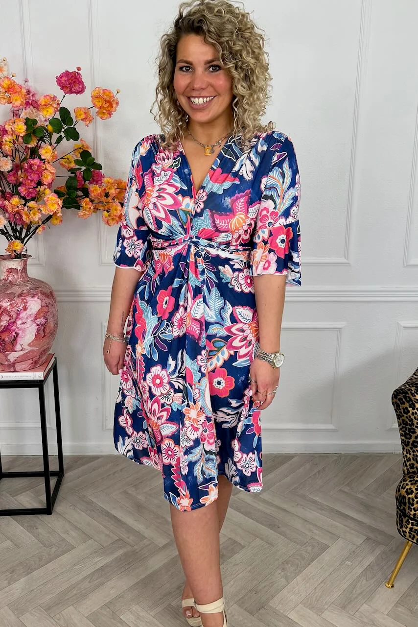 Curvy Short Knotted Flora Dress - Kobalt/Pink - Image 3