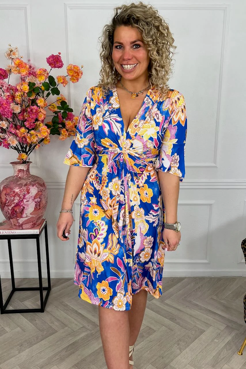 Curvy Short Knotted Flora Dress - Kobalt/Yellow