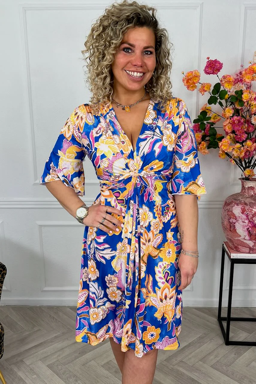 Curvy Short Knotted Flora Dress - Kobalt/Yellow - Image 2
