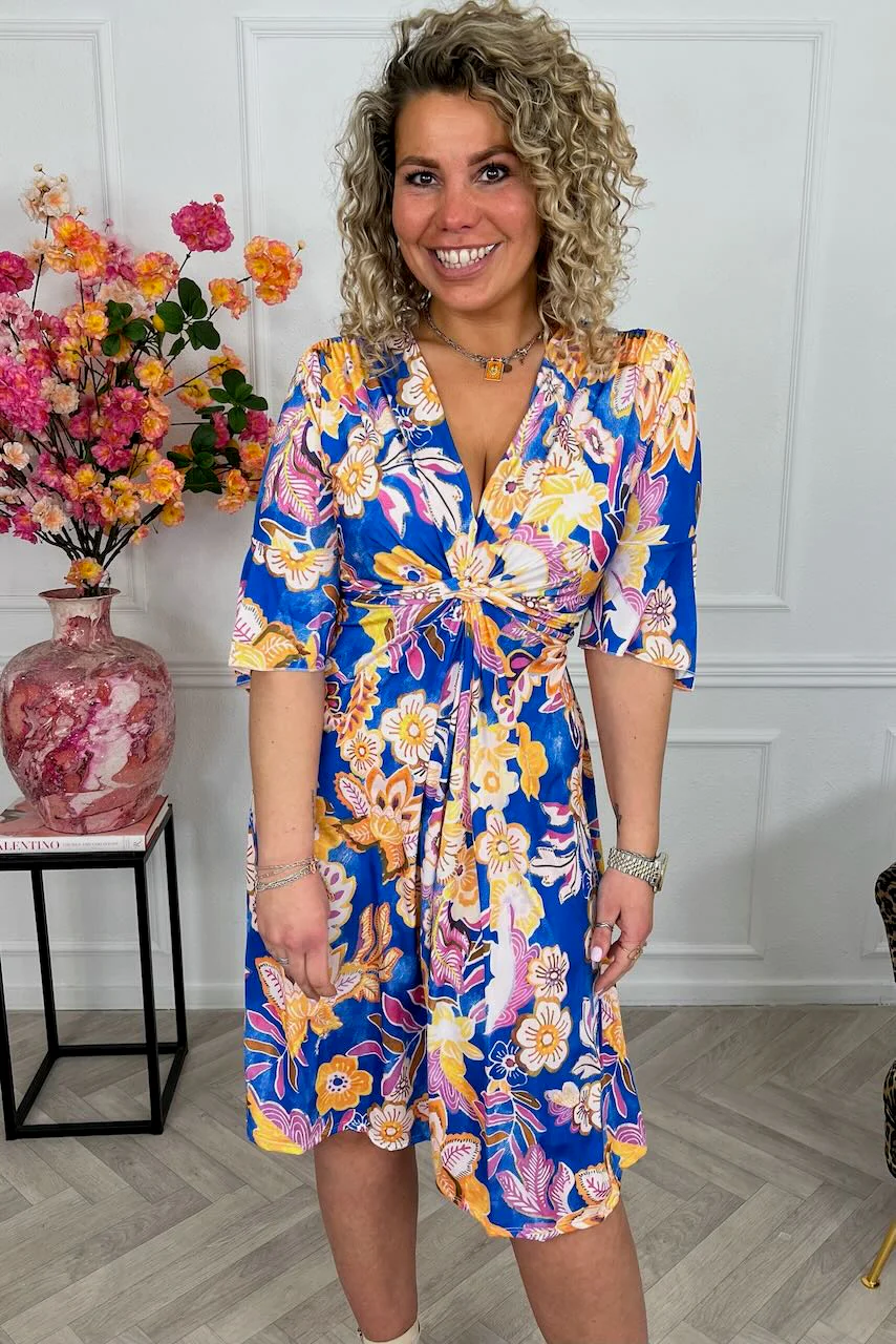 Curvy Short Knotted Flora Dress - Kobalt/Yellow - Image 3