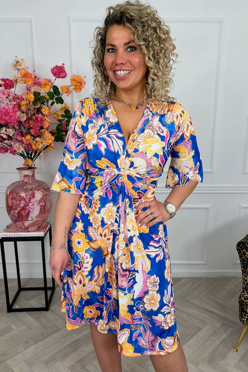 Curvy Short Knotted Flora Dress - Kobalt/Yellow - Image 4