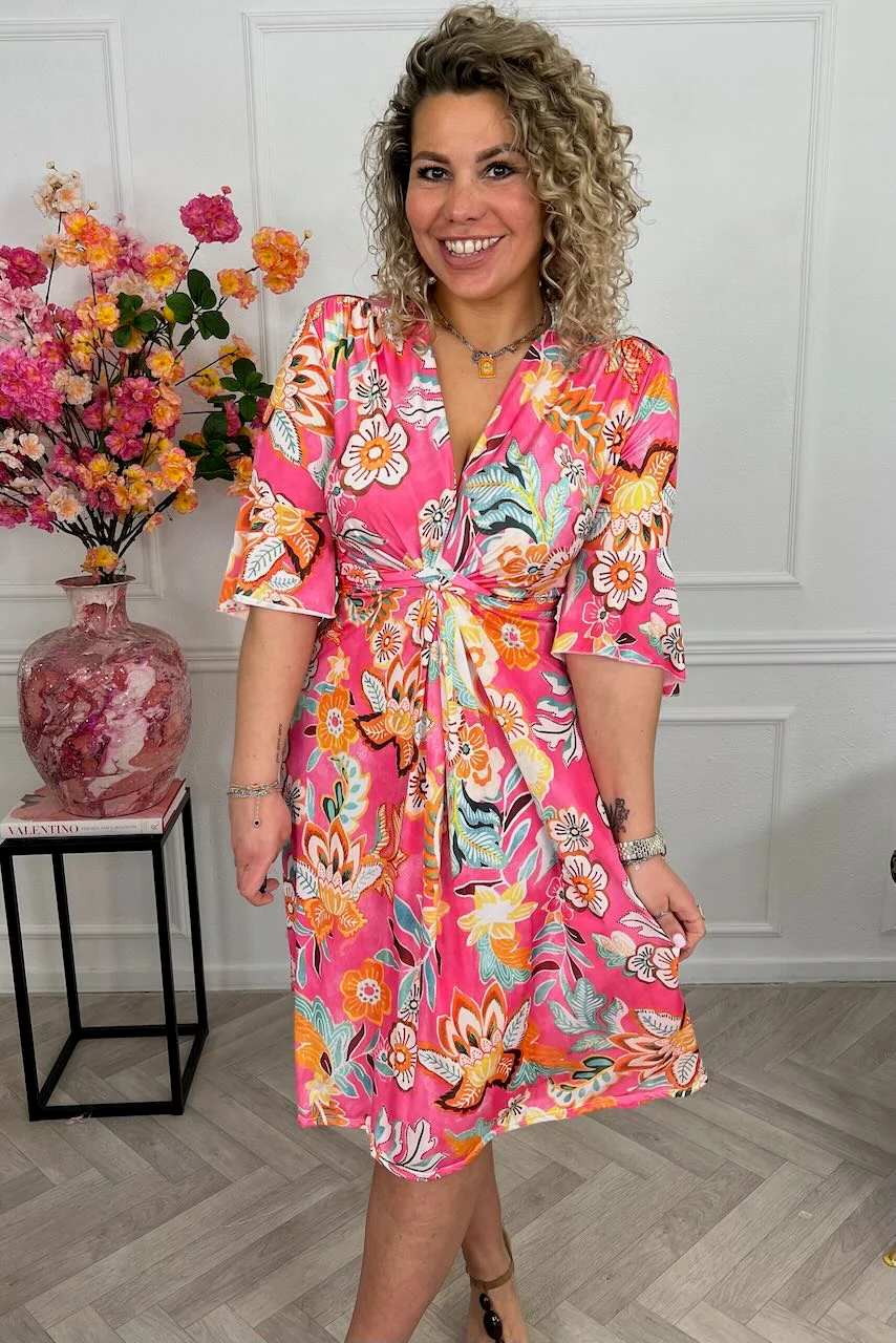 Curvy Short Knotted Flora Dress - Pink