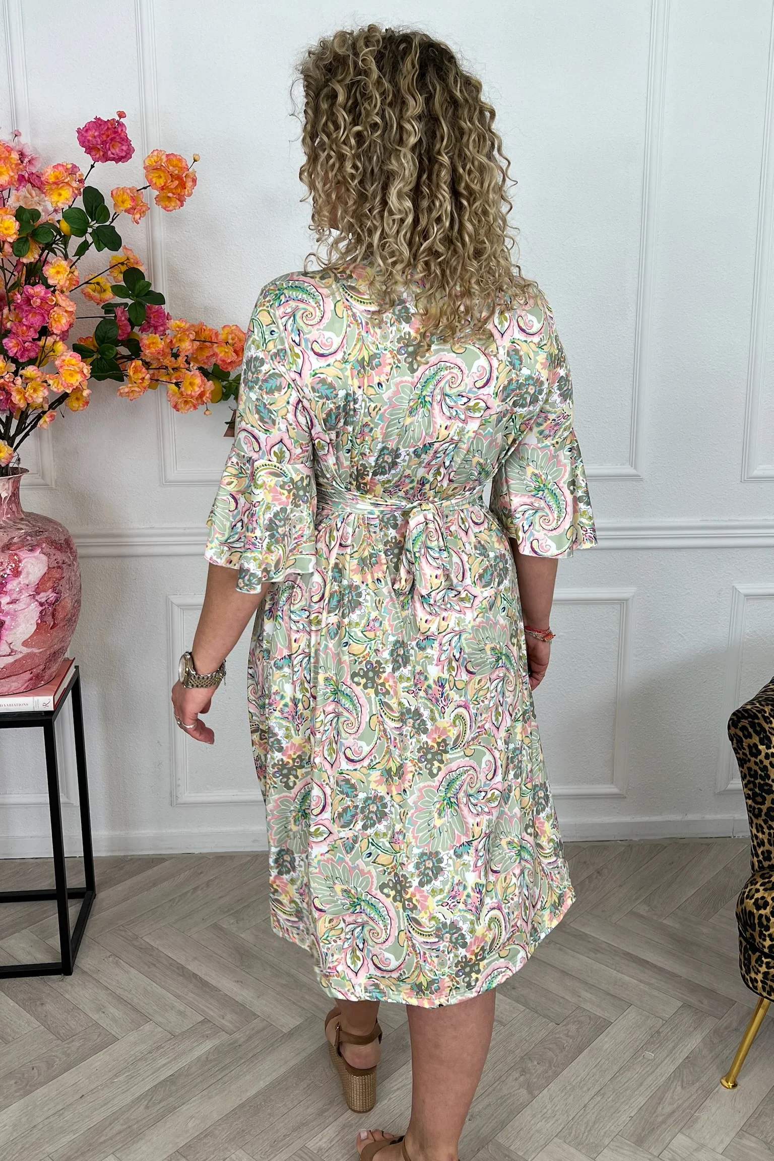 Curvy Short Knotted Flowers Dress - Armygreen/Pink - Image 3