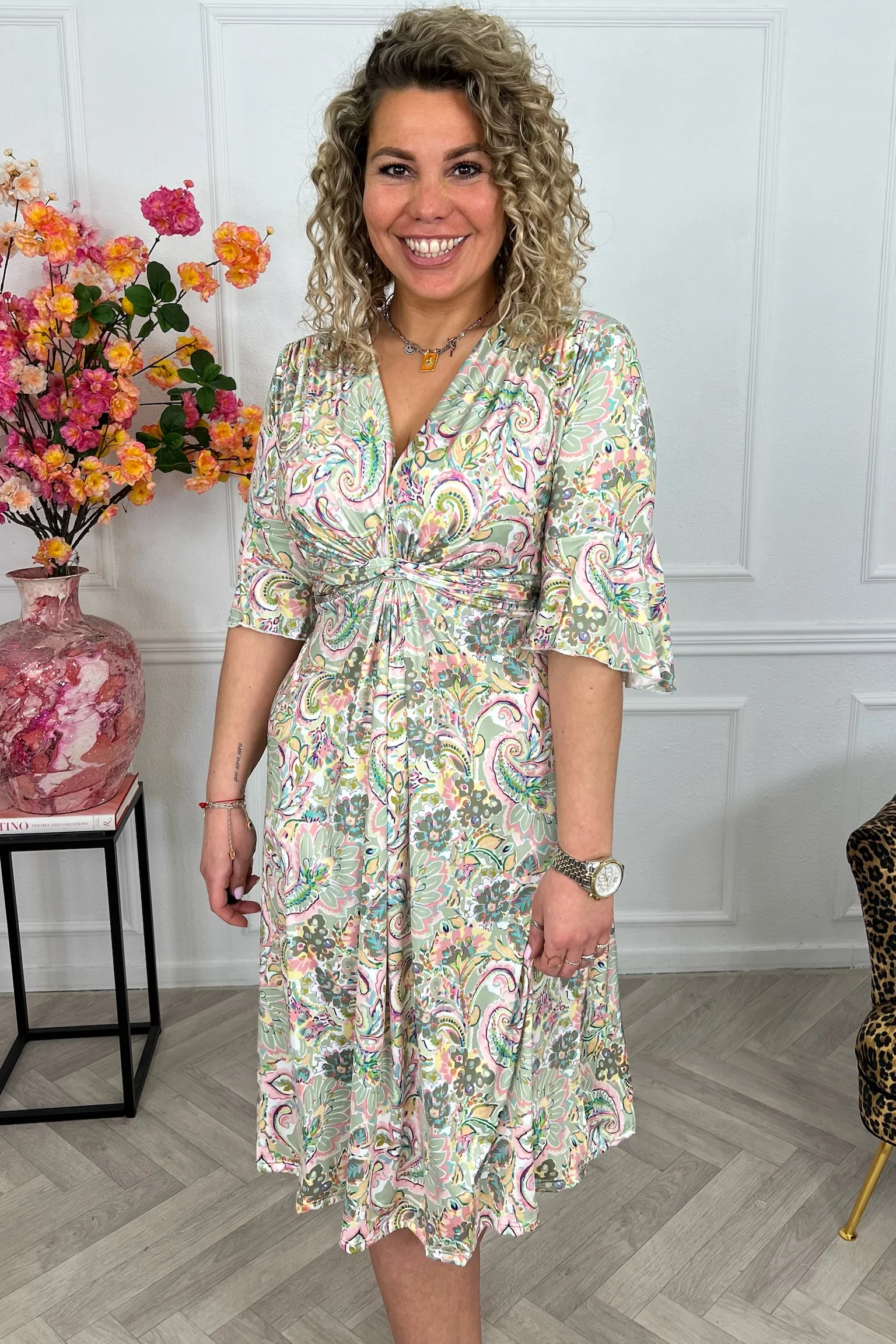 Curvy Short Knotted Flowers Dress - Armygreen/Pink - Image 4