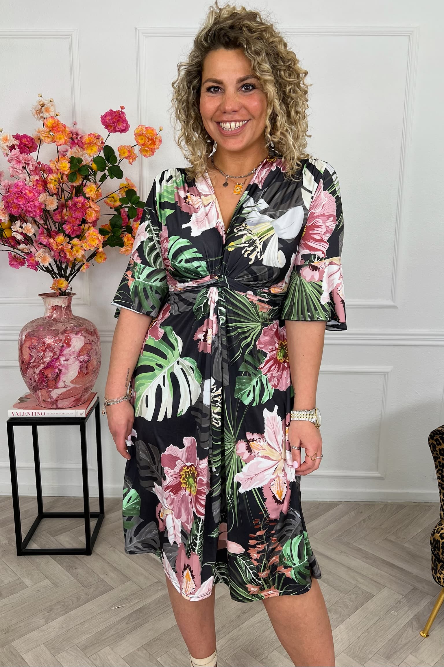 Curvy Short Knotted Forest Dress - Black/Pink - Image 3