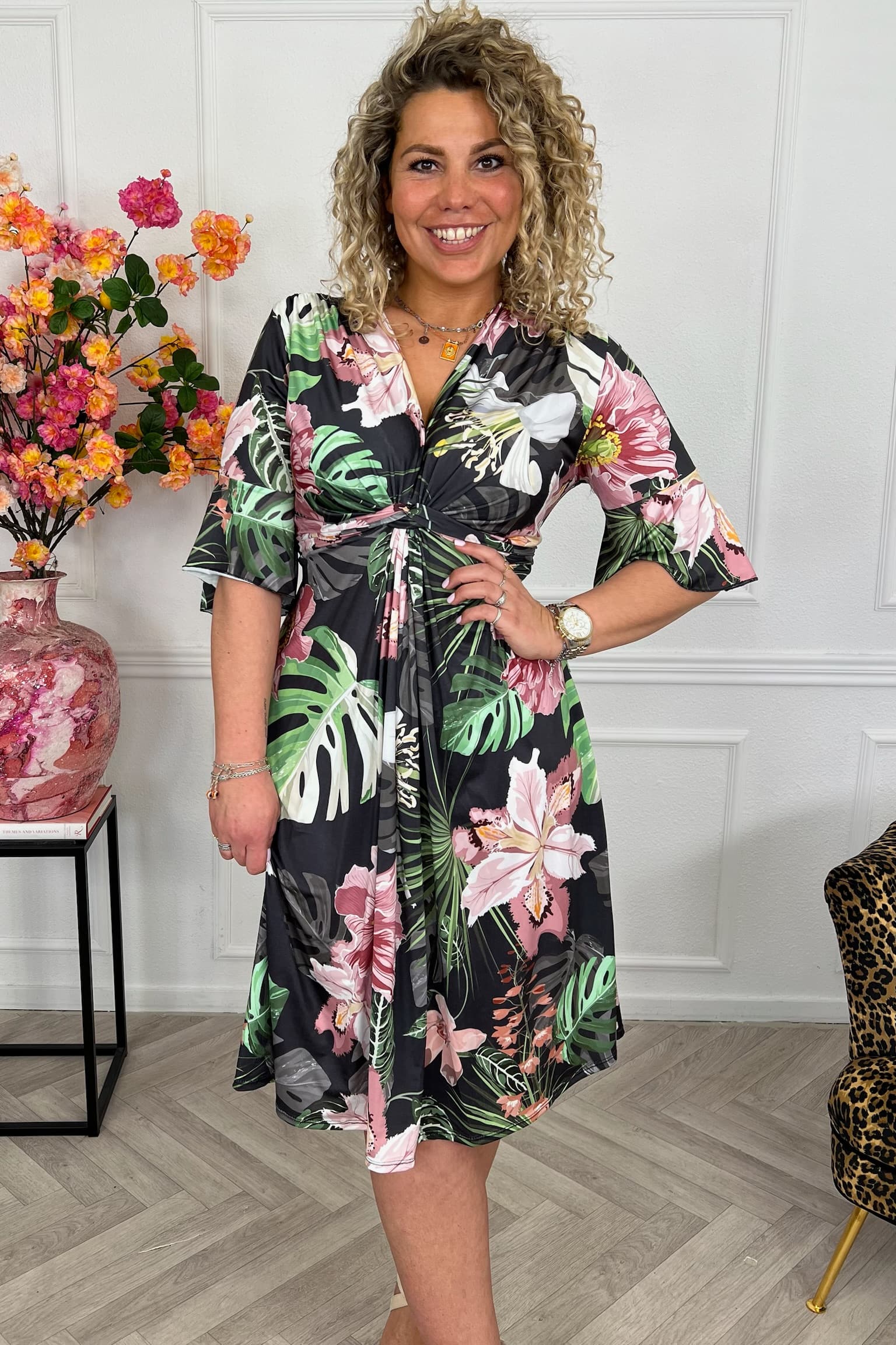 Curvy Short Knotted Forest Dress - Black/Pink - Image 5
