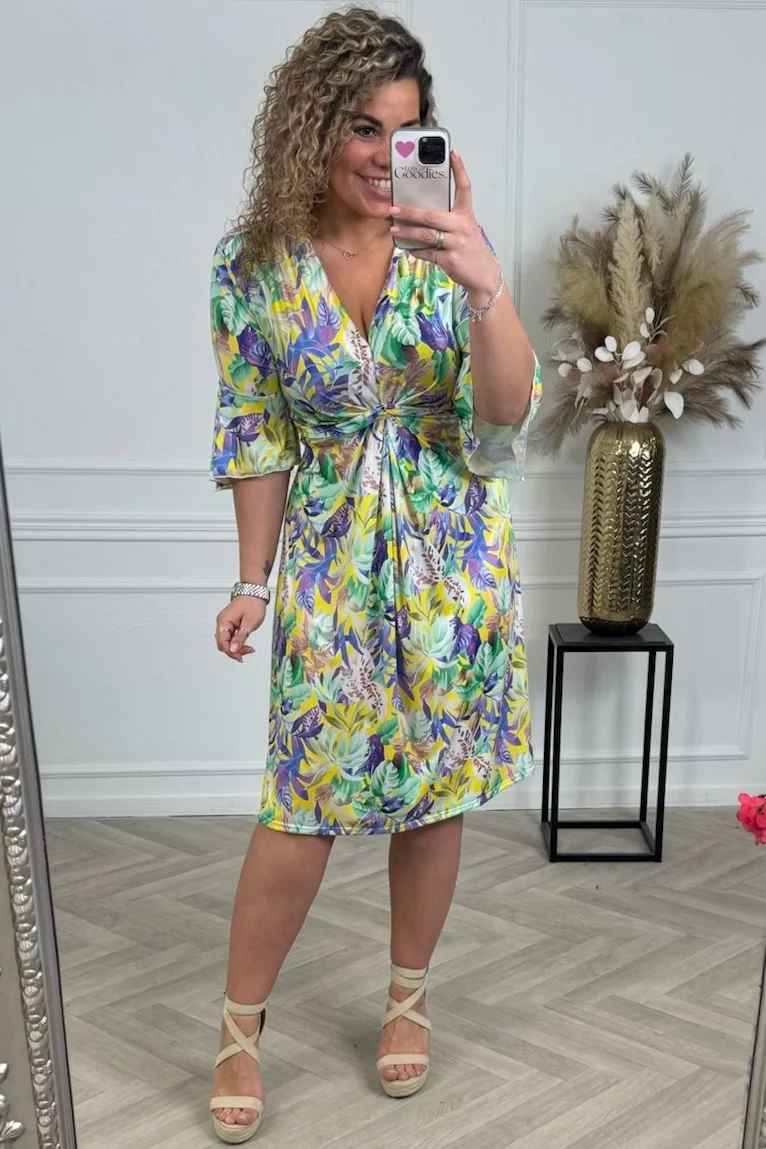 Curvy Short Knotted Jungle Leaves Dress - Yellow - Image 3