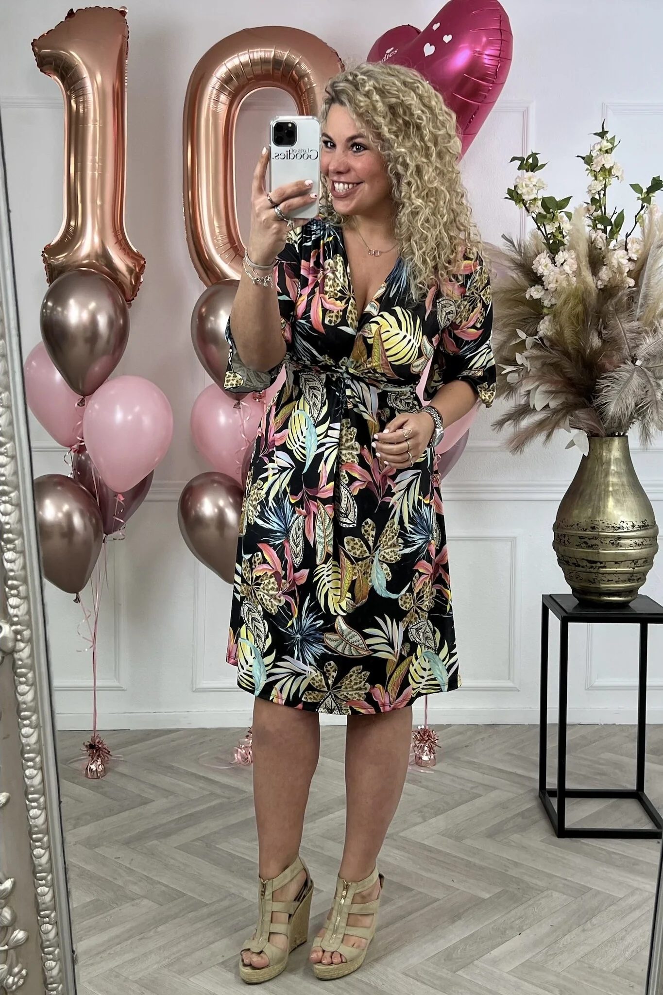 Curvy Short Knotted Leopard Leaves Dress - Black/Yellow /Pink