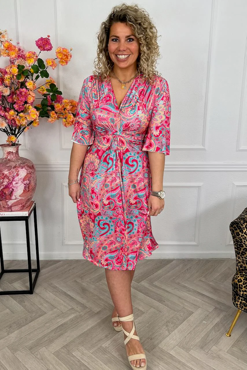 Curvy Short Knotted Paisley Dress - Fuchsia - Image 2