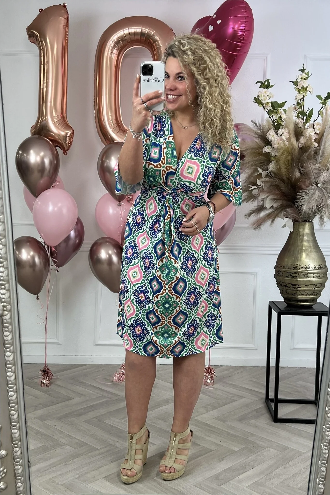 Curvy Short Knotted Spring Dress - Blue/Pink/Green - Image 2