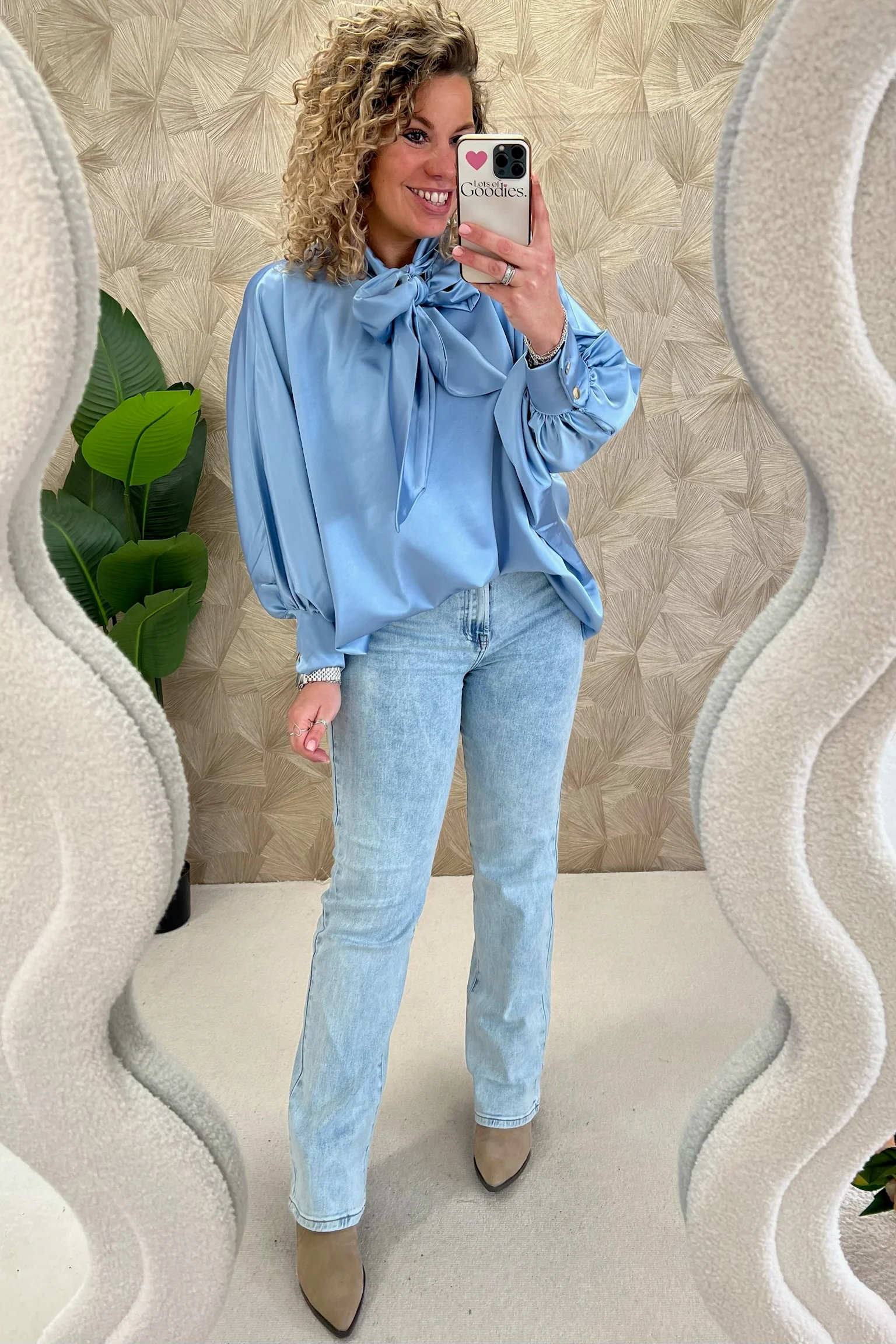 Curvy Silk Bow Blouse - Ice Blue