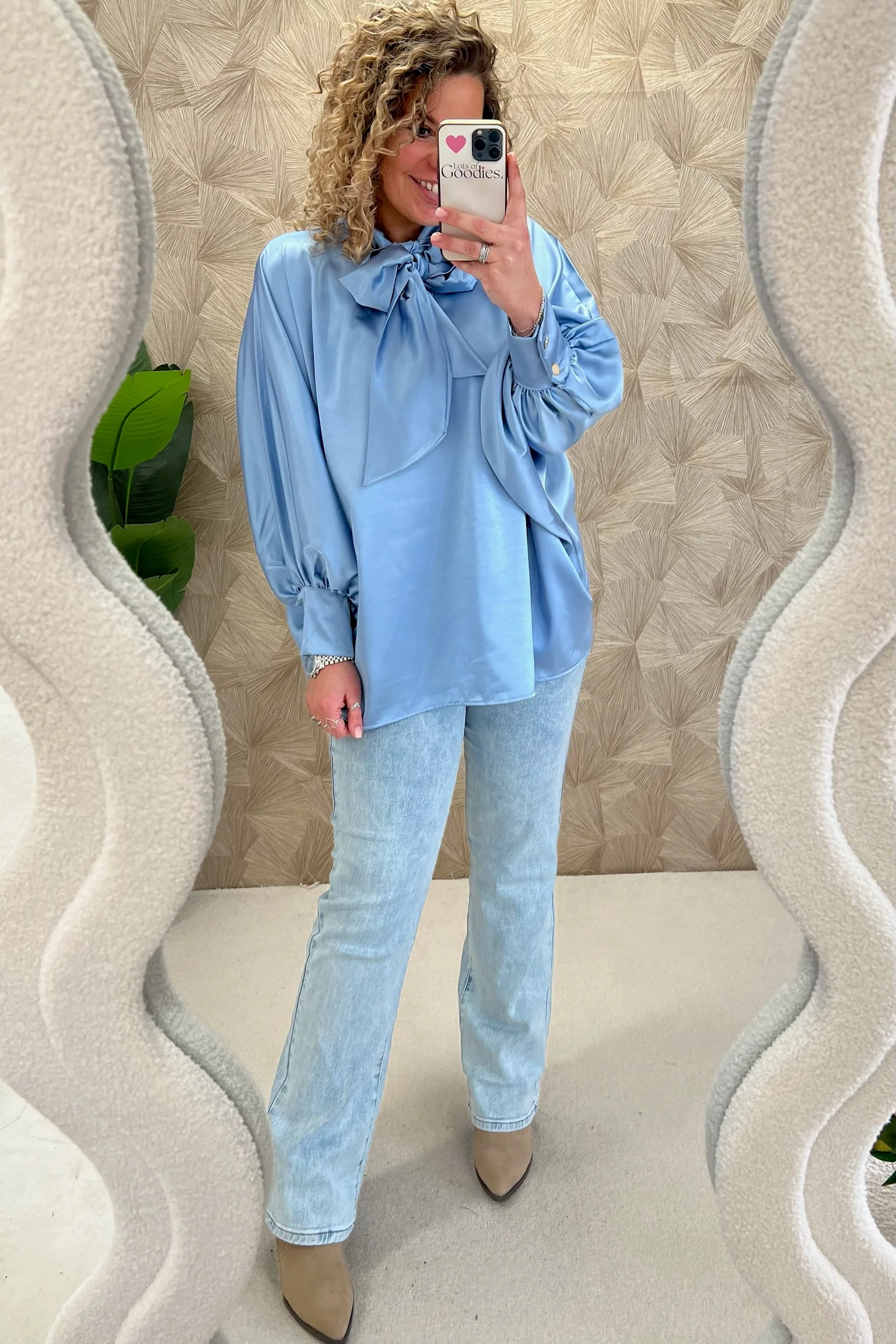 Curvy Silk Bow Blouse - Ice Blue - Image 2