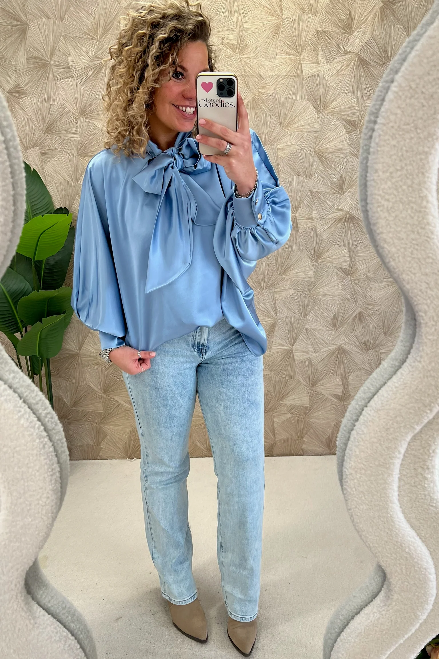 Curvy Silk Bow Blouse - Ice Blue - Image 3