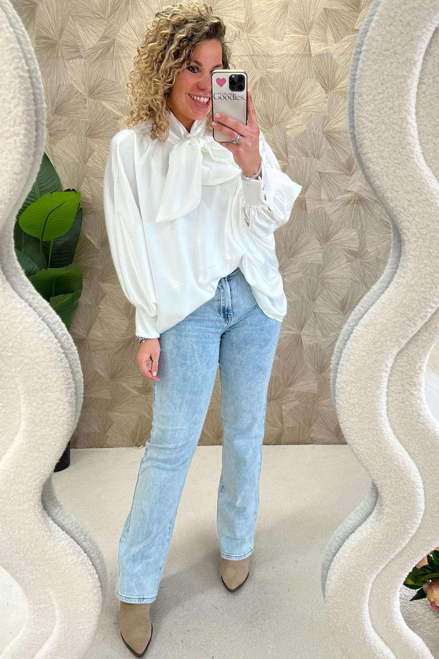 Curvy Silk Bow Blouse - White