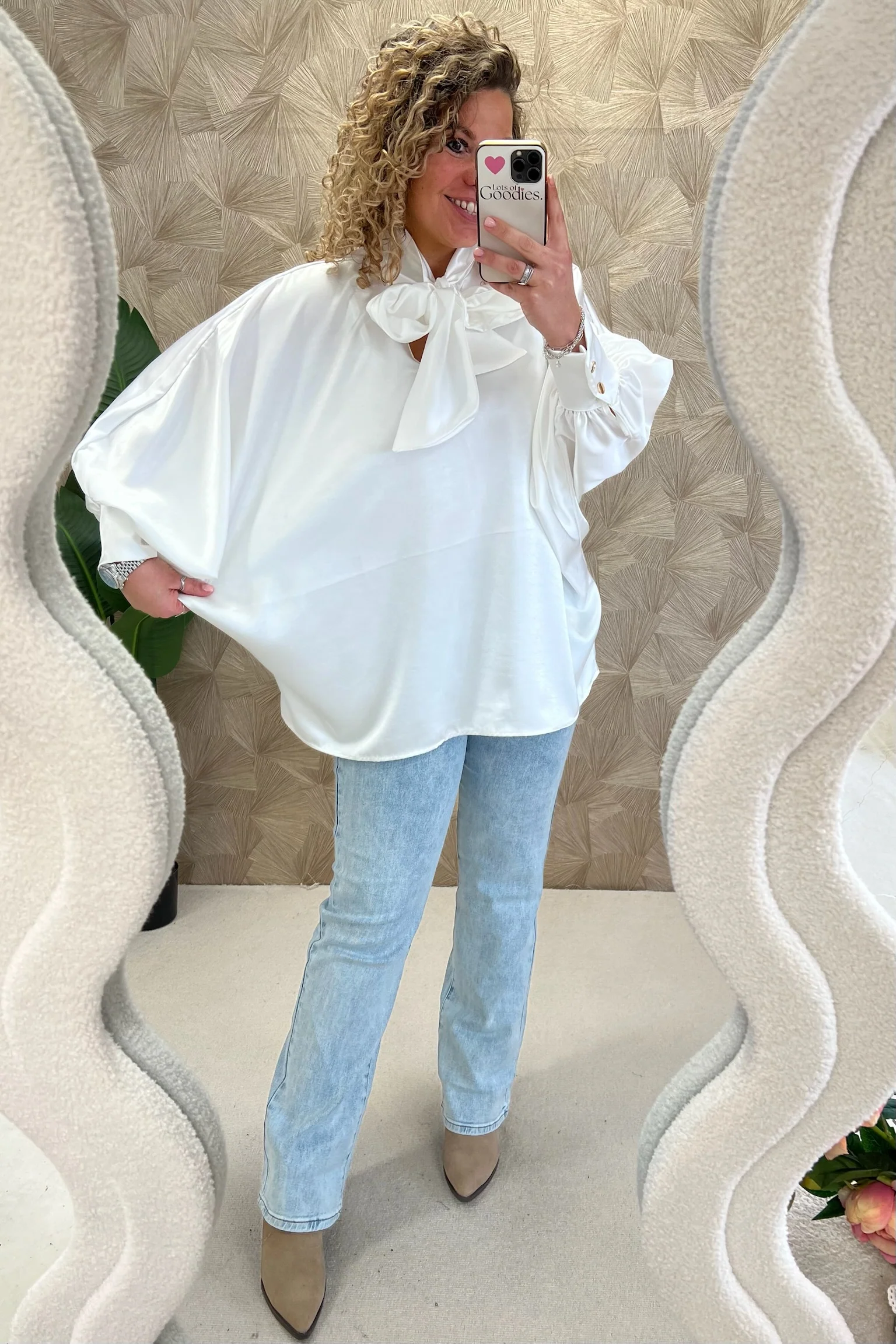 Curvy Silk Bow Blouse - White - Image 3