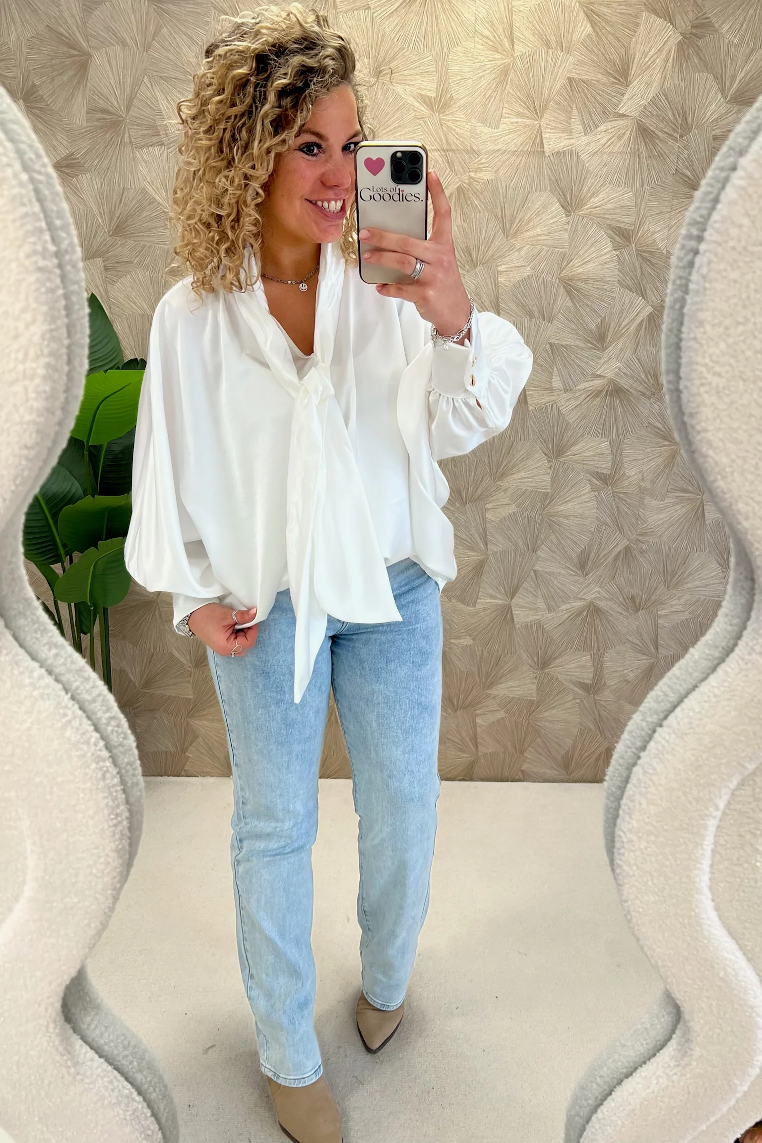 Curvy Silk Bow Blouse - White - Image 4