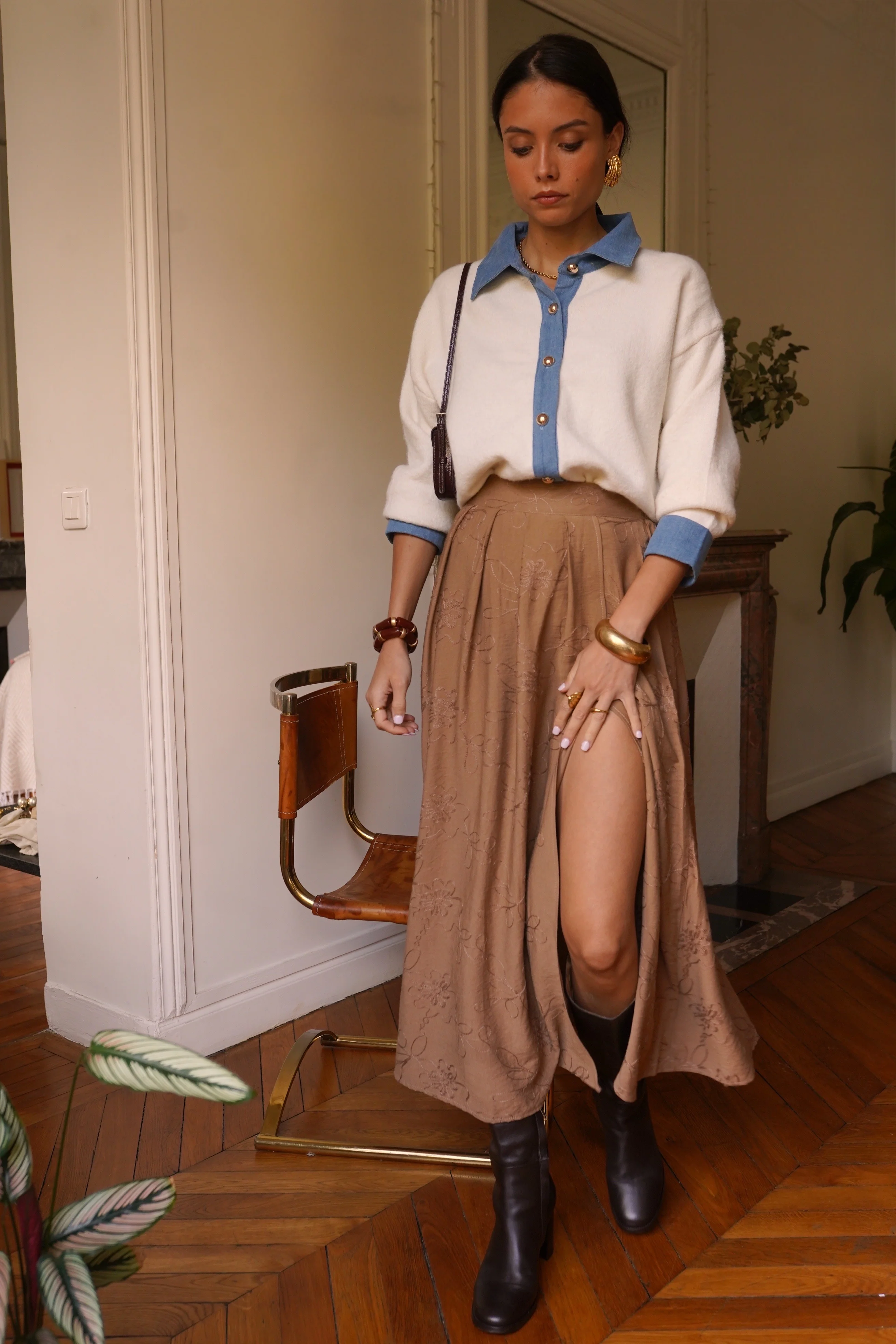 Denim Detailed Cardigan - White - Image 3