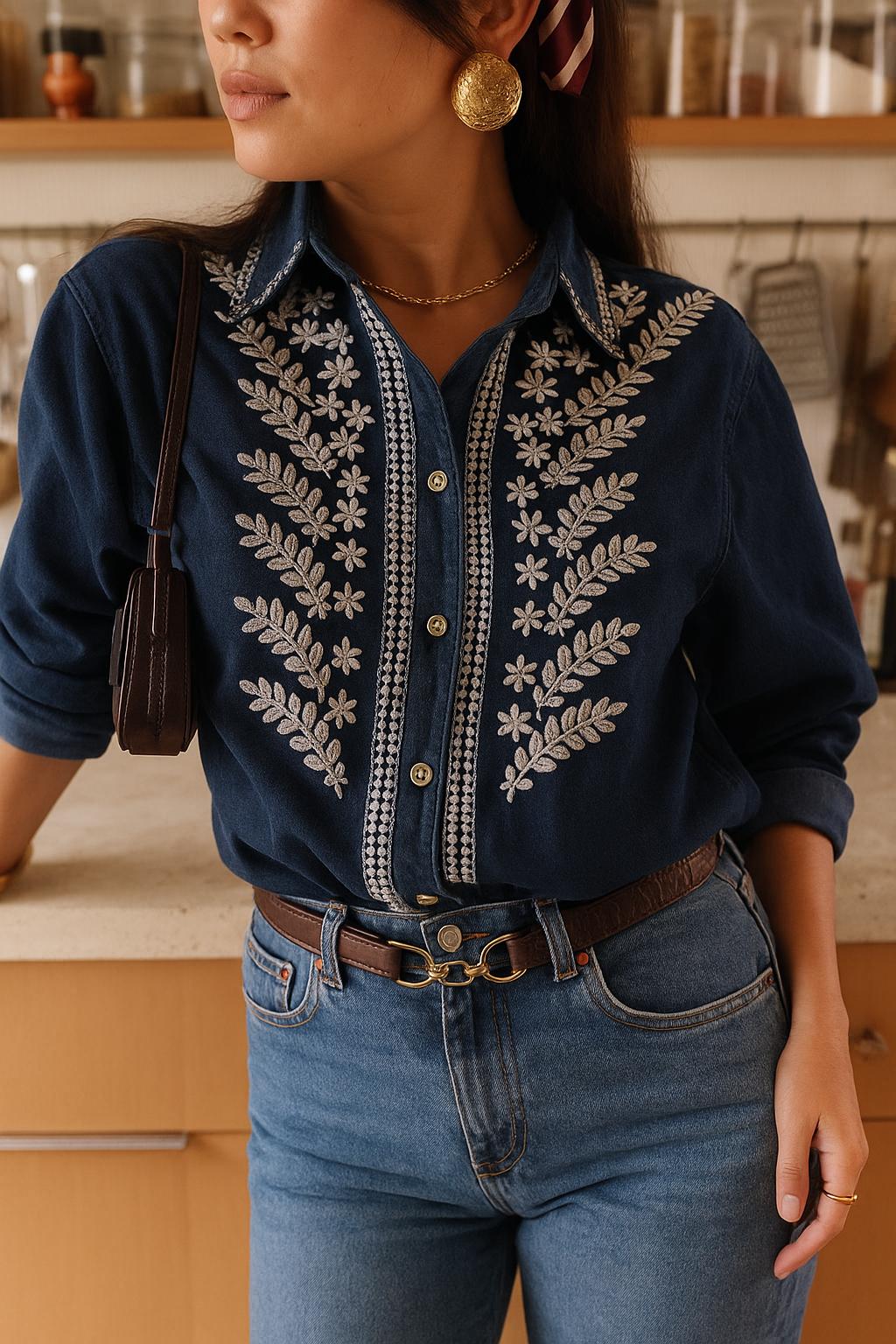 Denim Embroidered Leaves Blouse - Dark Blue