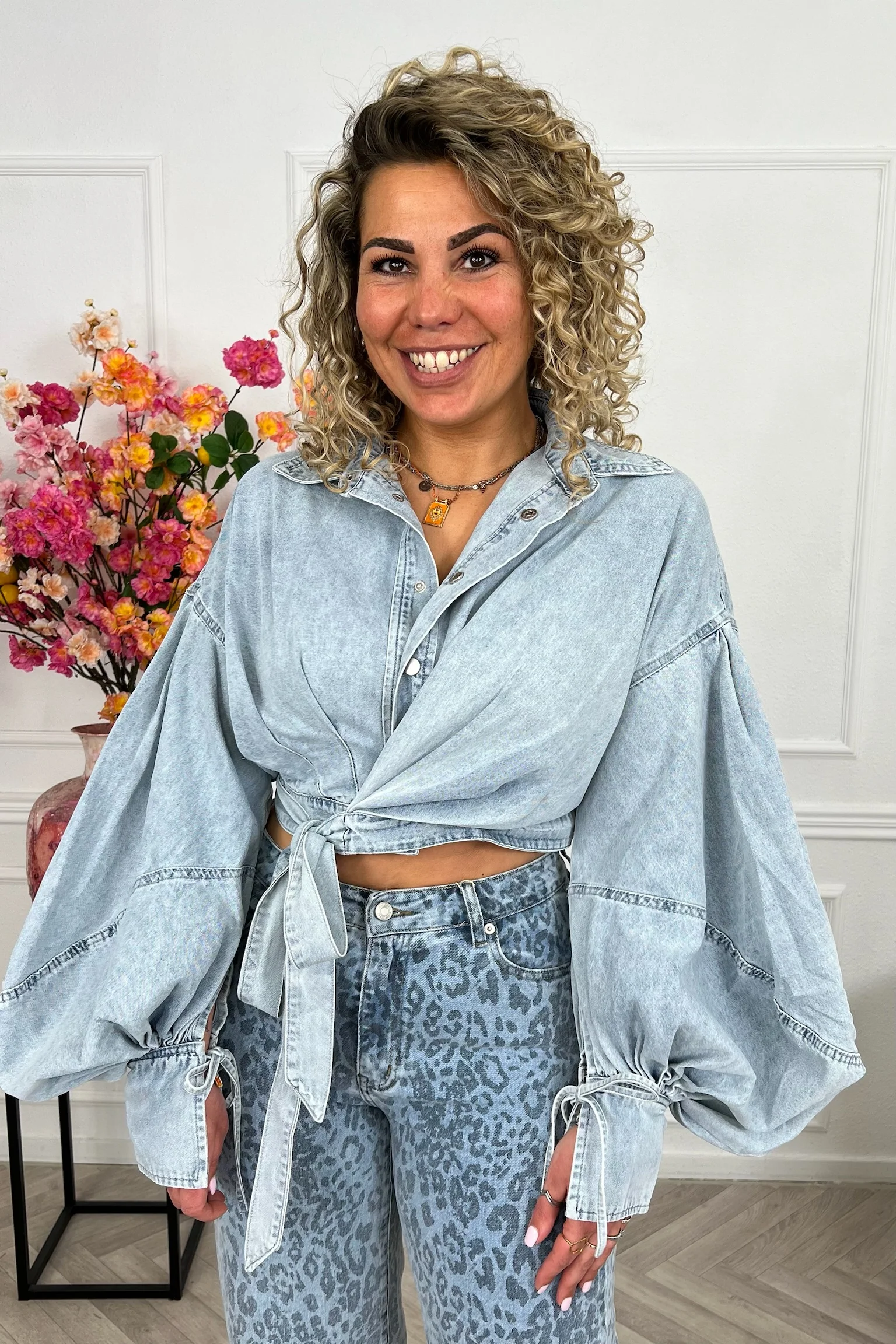Denim Wrap Blouse - Light Blue - Image 2