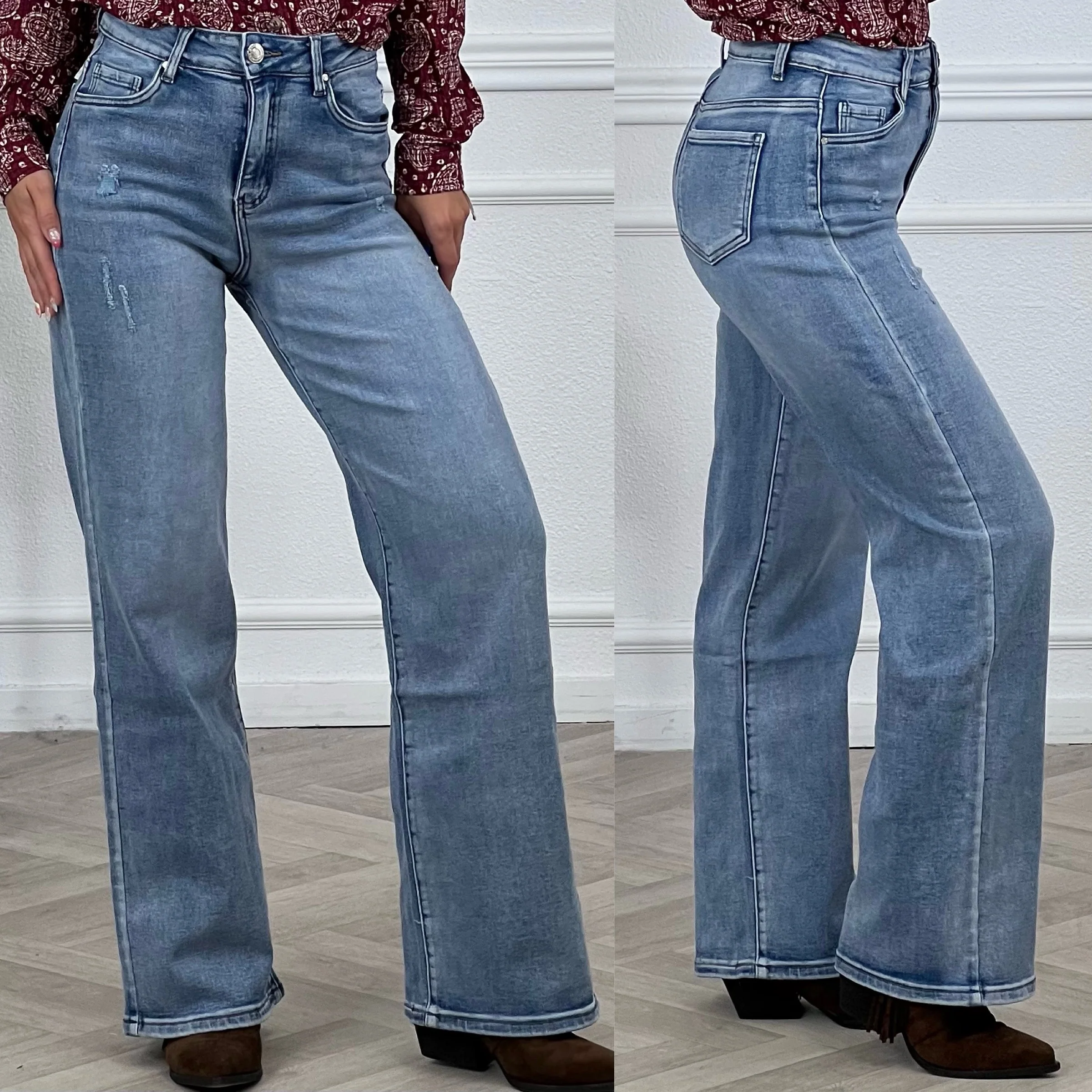 Destroyed Wide Leg Jeans - Blue