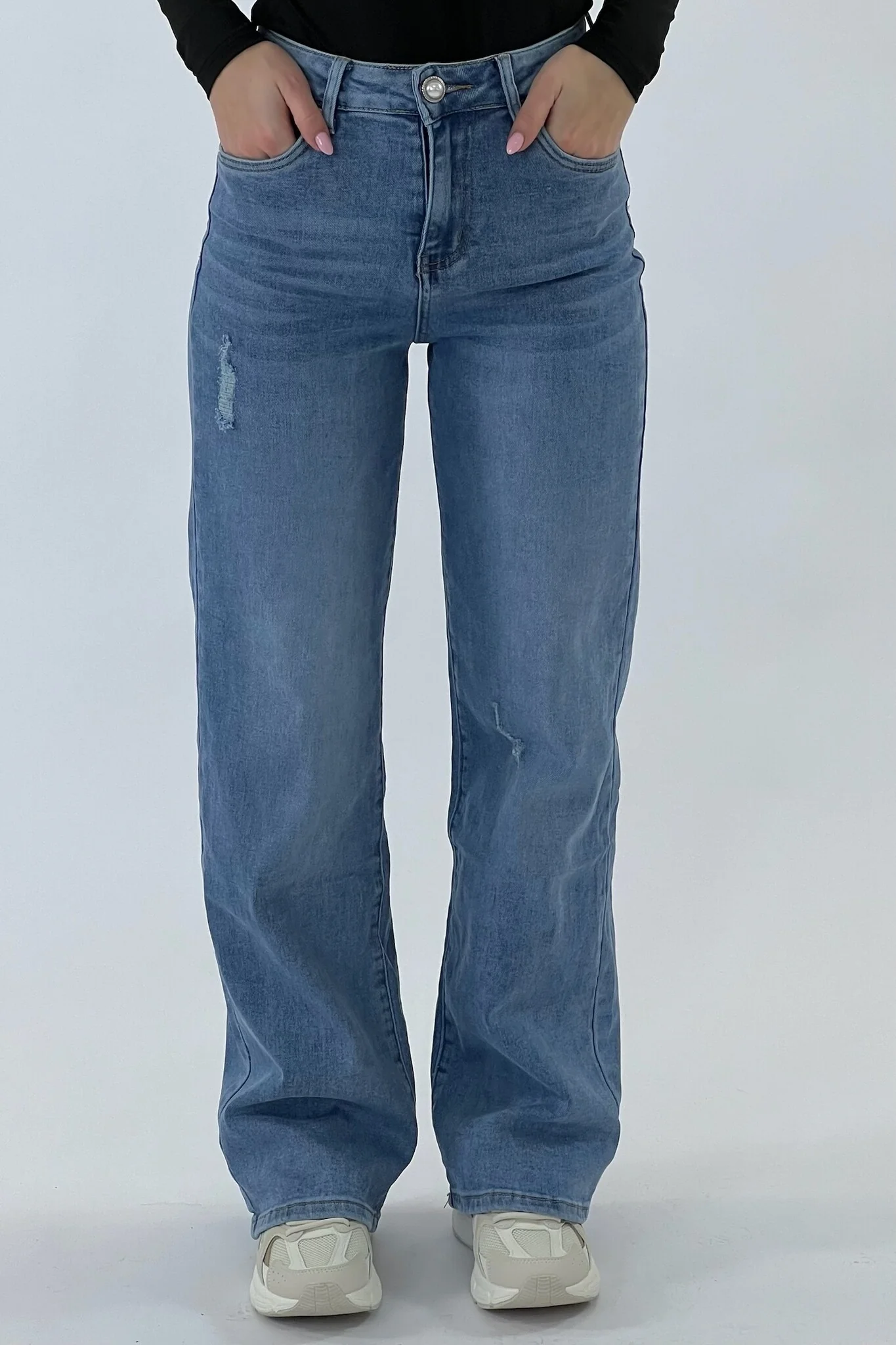 Destroyed Wide Leg Jeans - Light Blue - Image 3