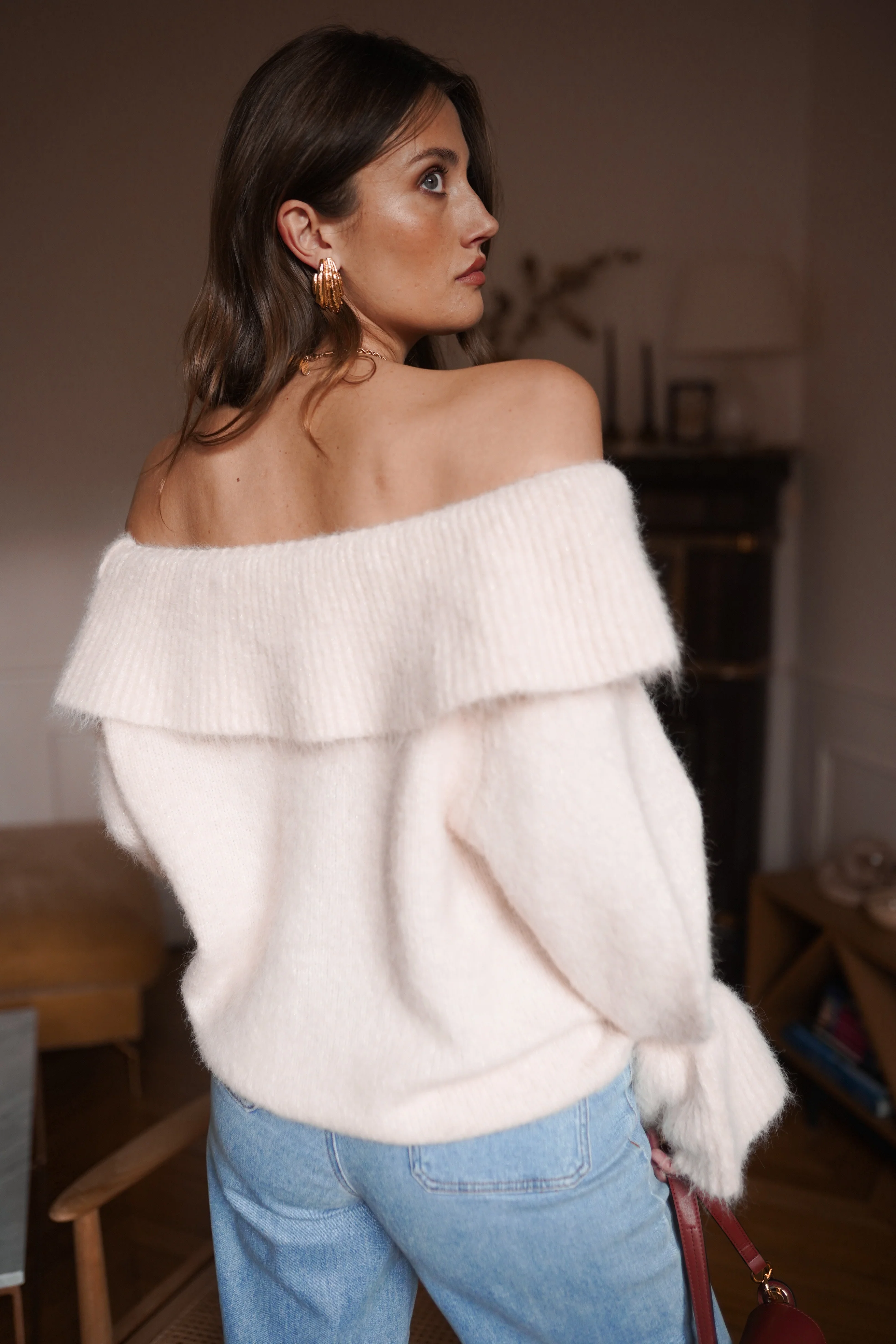 Elise Off Shoulder Sweater - Beige - Image 3