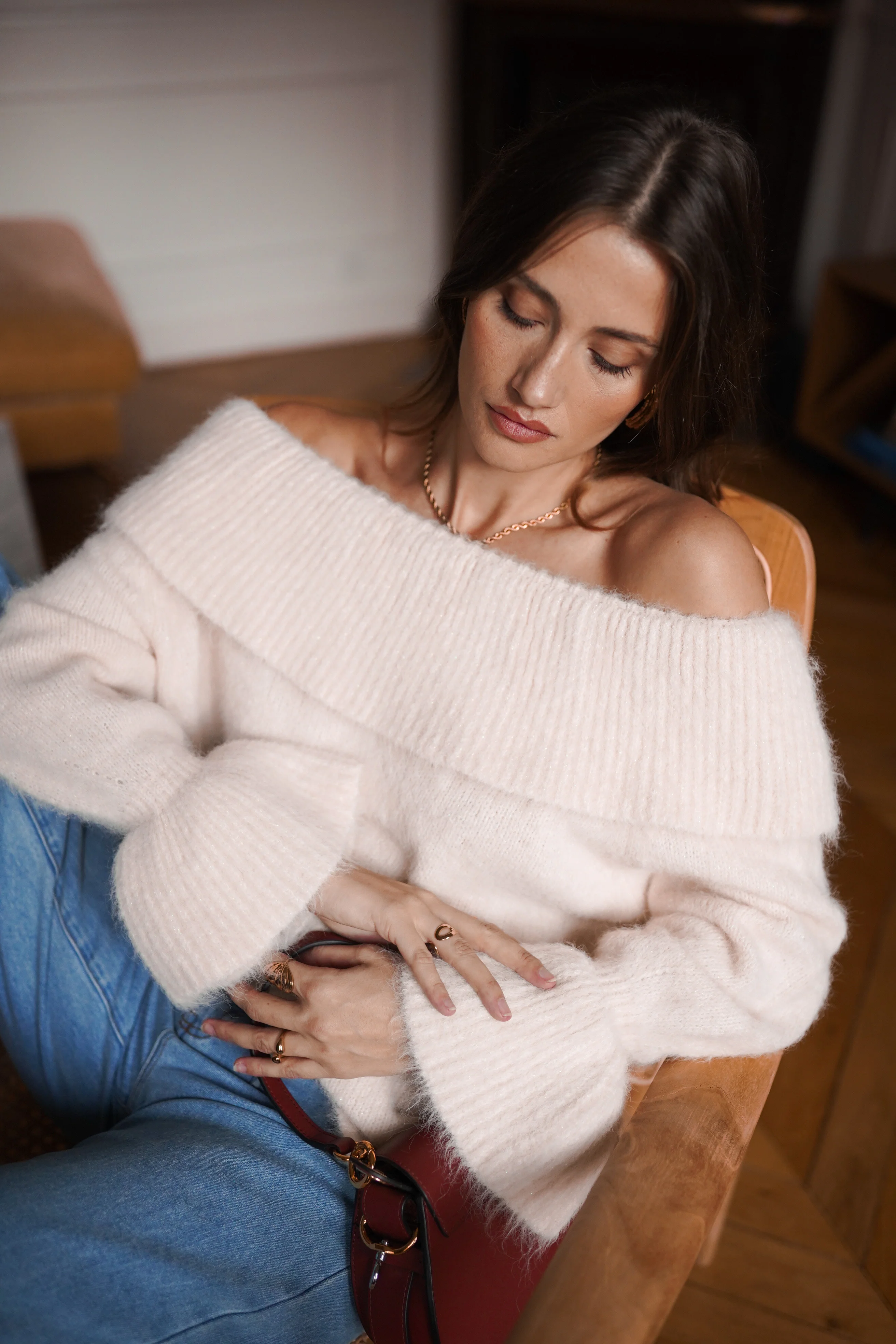 Elise Off Shoulder Sweater - Beige - Image 4