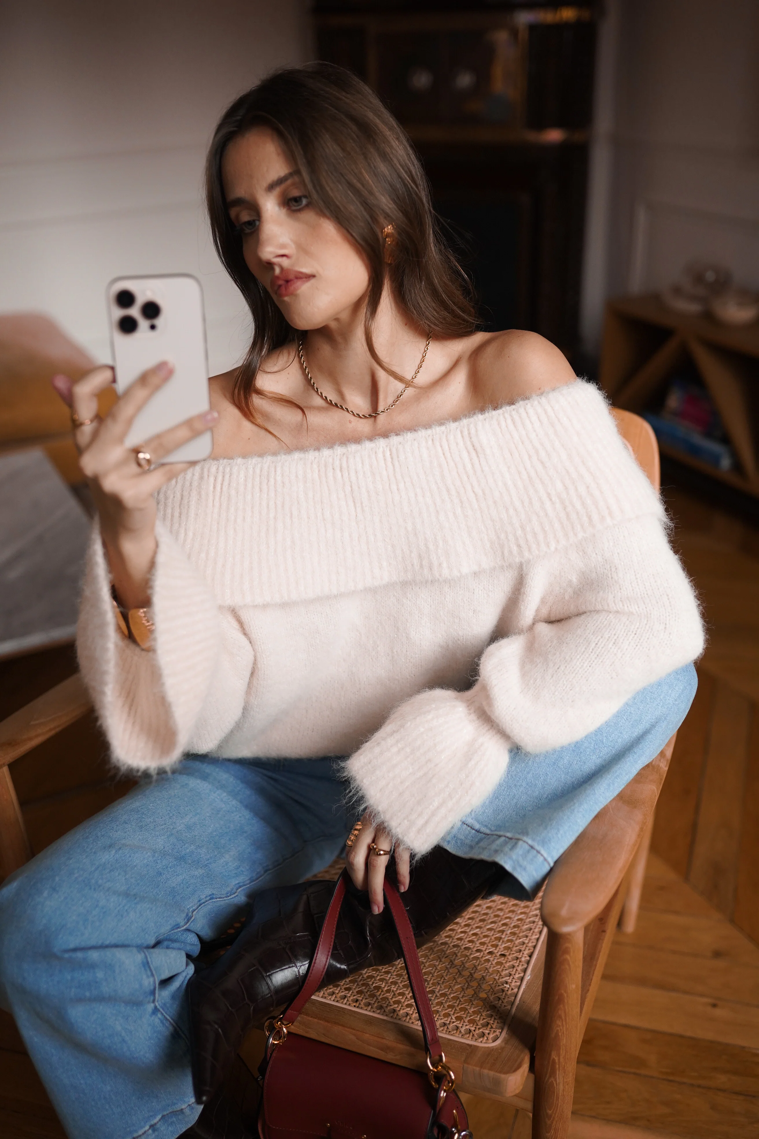 Elise Off Shoulder Sweater - Beige - Image 7