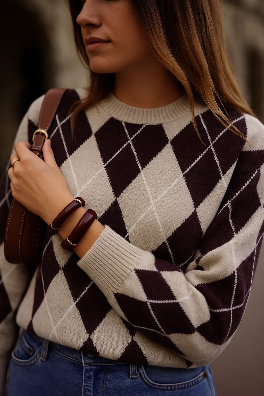 Elodie Checkered Sweater - Taupe/Chocolate