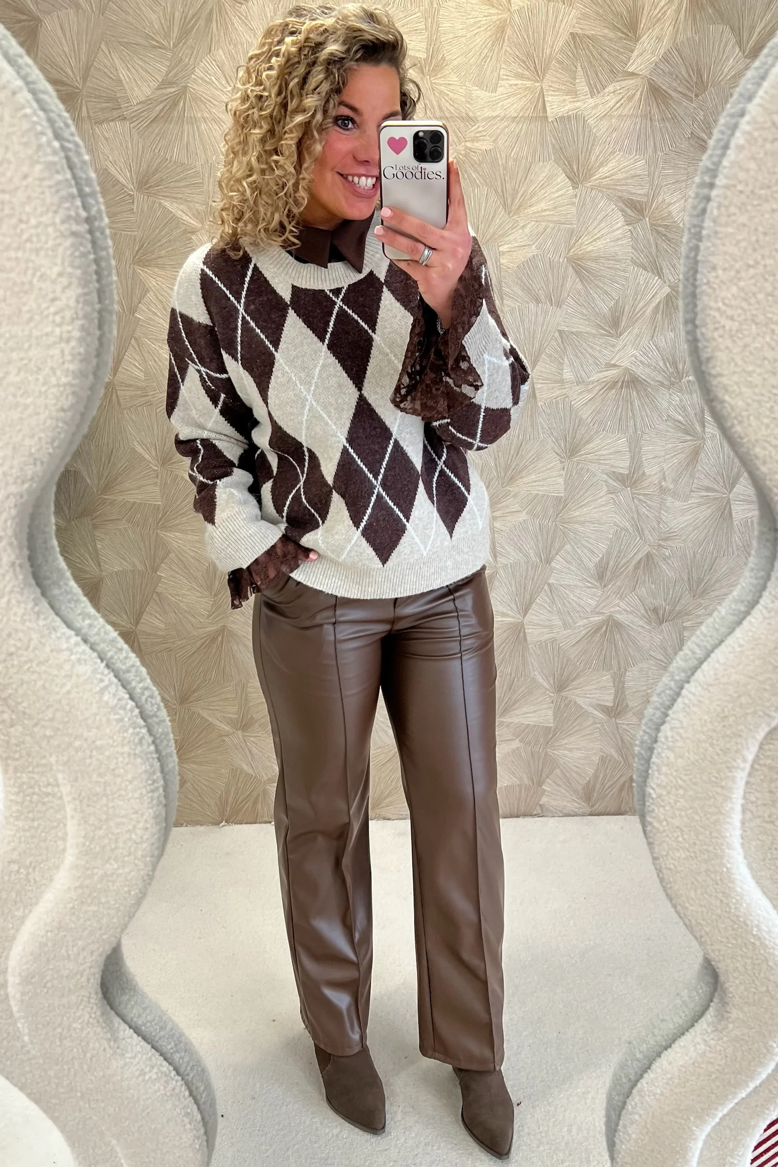 Elodie Checkered Sweater - Taupe/Chocolate - Image 3