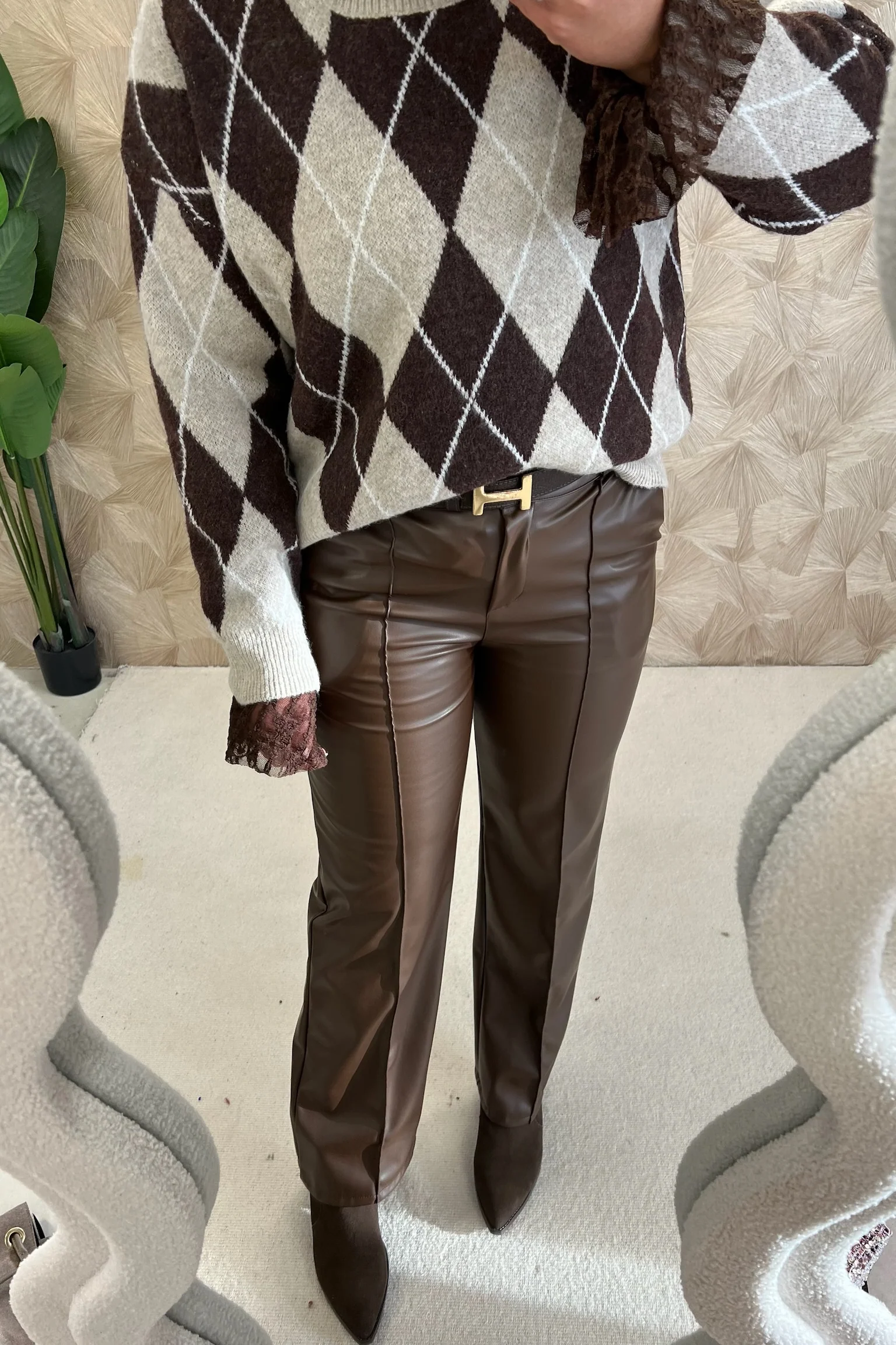 Elodie Checkered Sweater - Taupe/Chocolate - Image 4