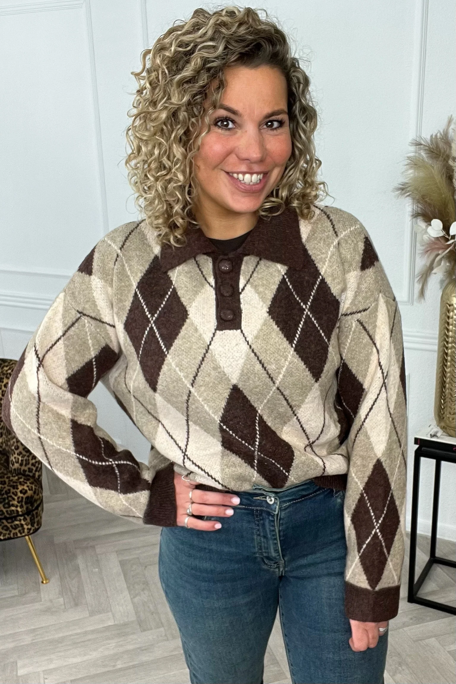 Elyse Checkered Sweater - Brown - Image 2