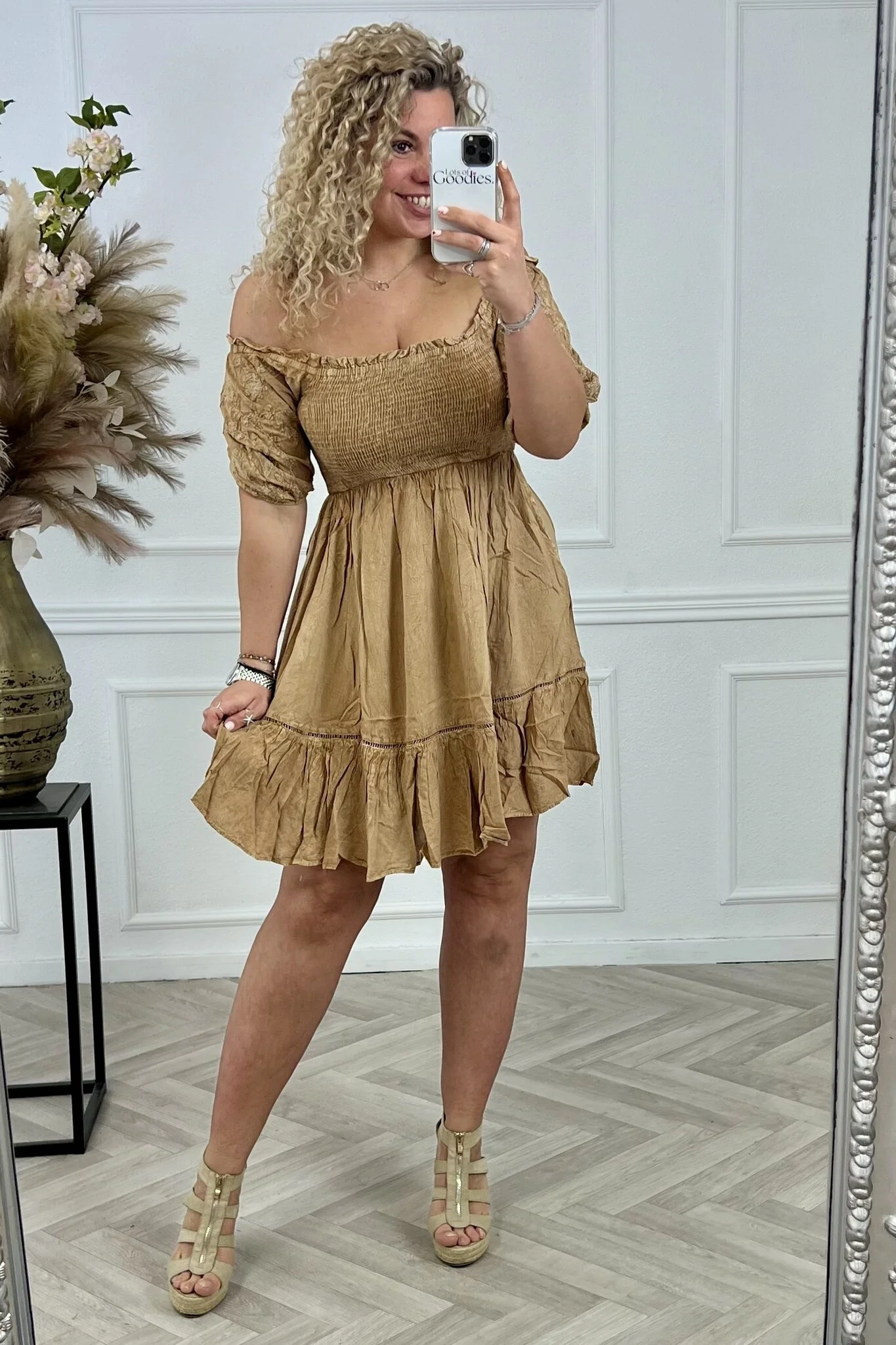 Embroidered Smock Dress - Camel - Image 2