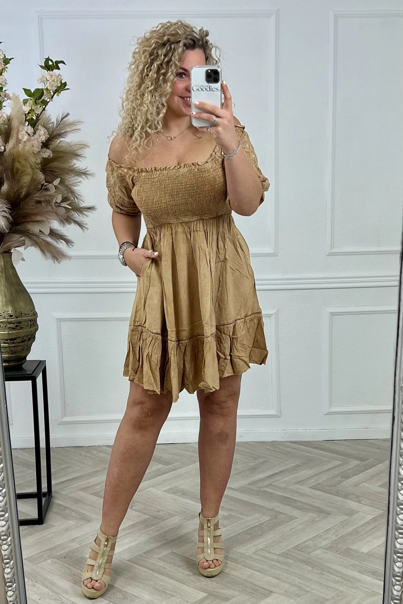 Embroidered Smock Dress - Camel - Image 3