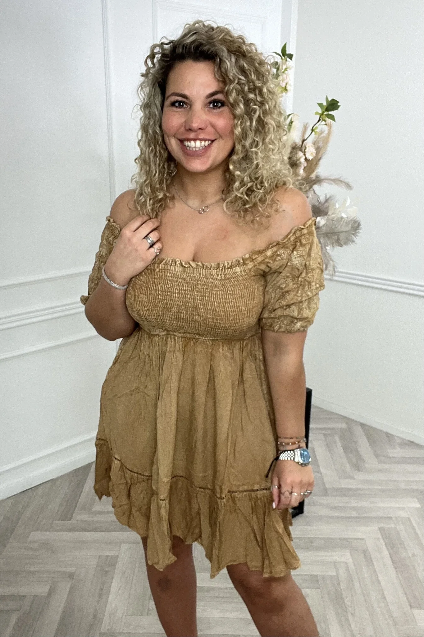 Embroidered Smock Dress - Camel - Image 4