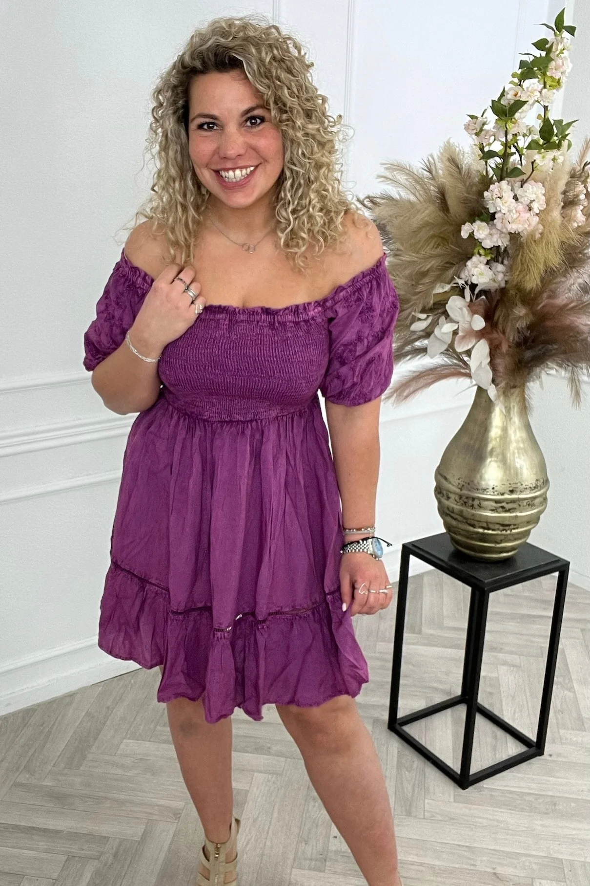 Embroidered Smock Dress - Purple