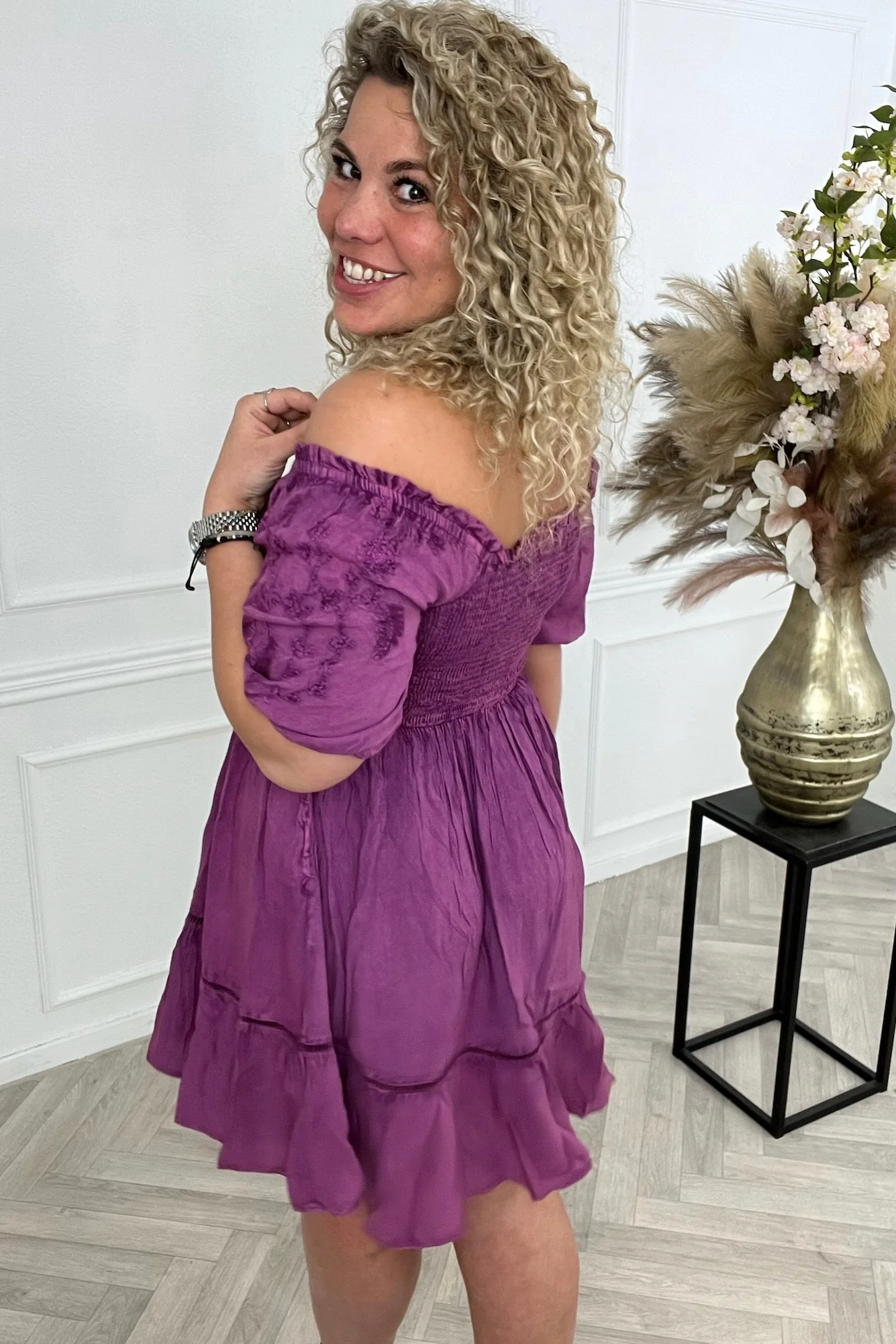 Embroidered Smock Dress - Purple - Image 2