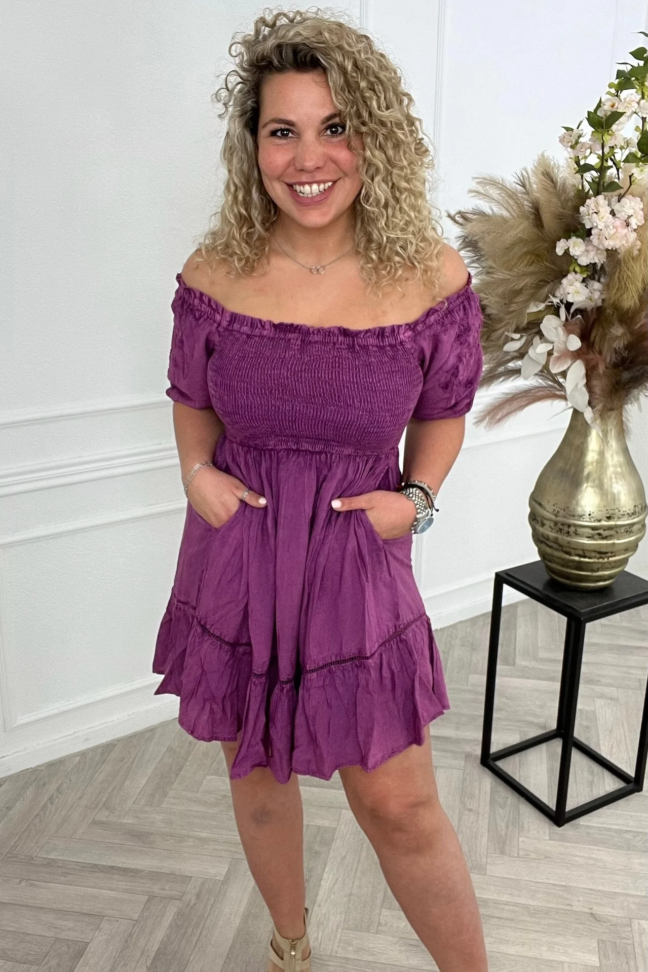 Embroidered Smock Dress - Purple - Image 3