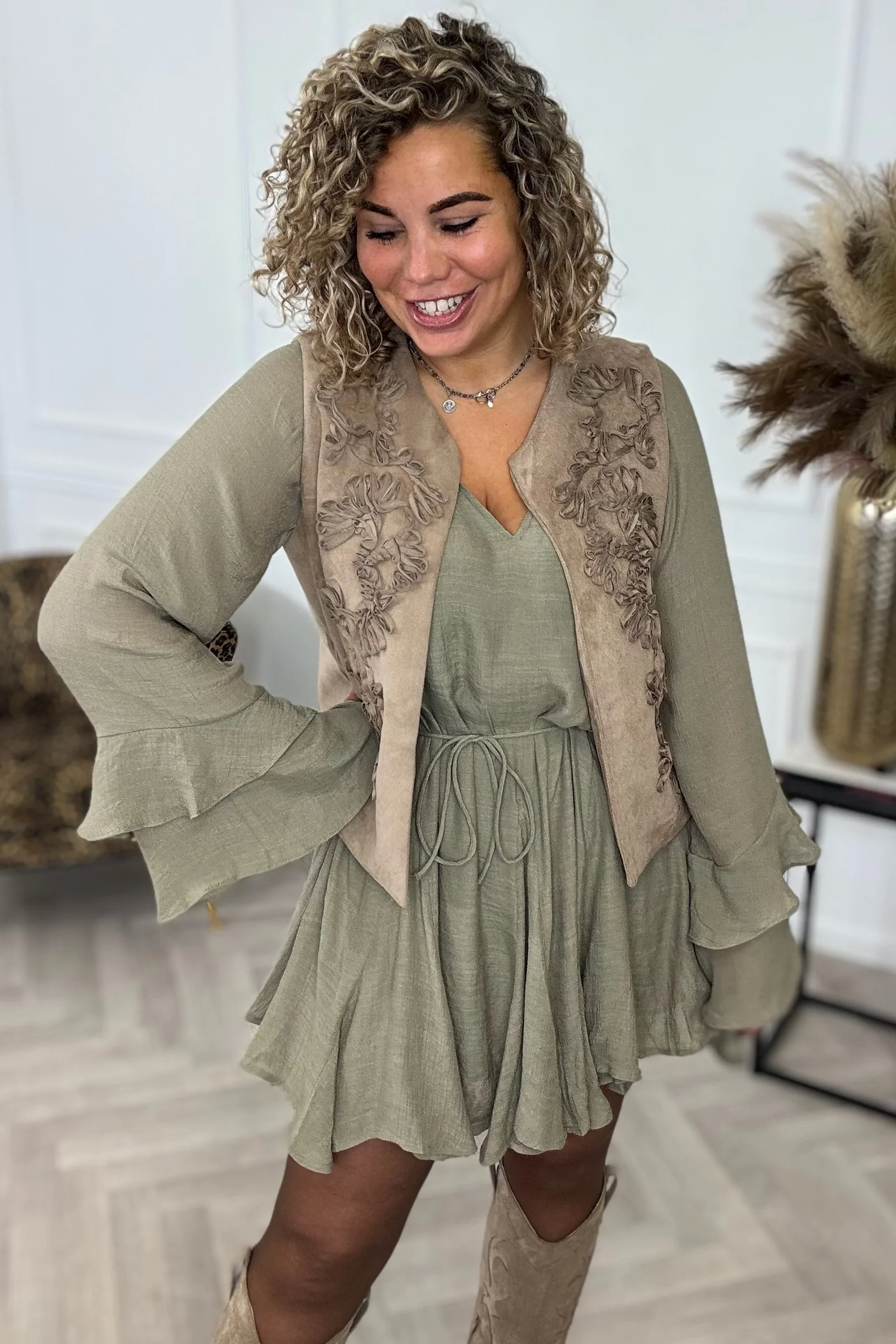 Embroidered Suede Gilet - Taupe - Image 3