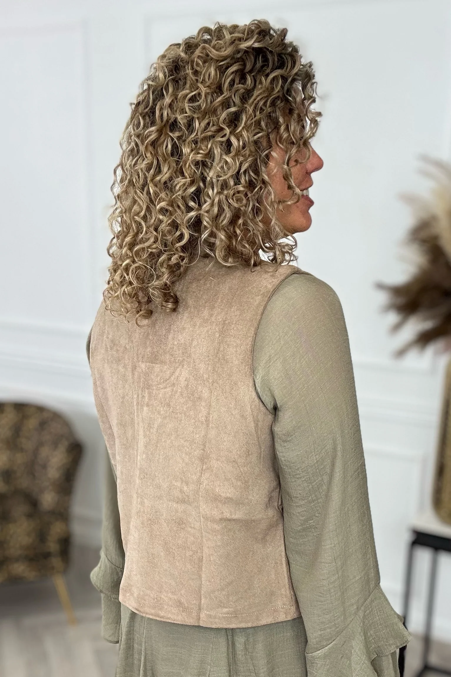 Embroidered Suede Gilet - Taupe - Image 4