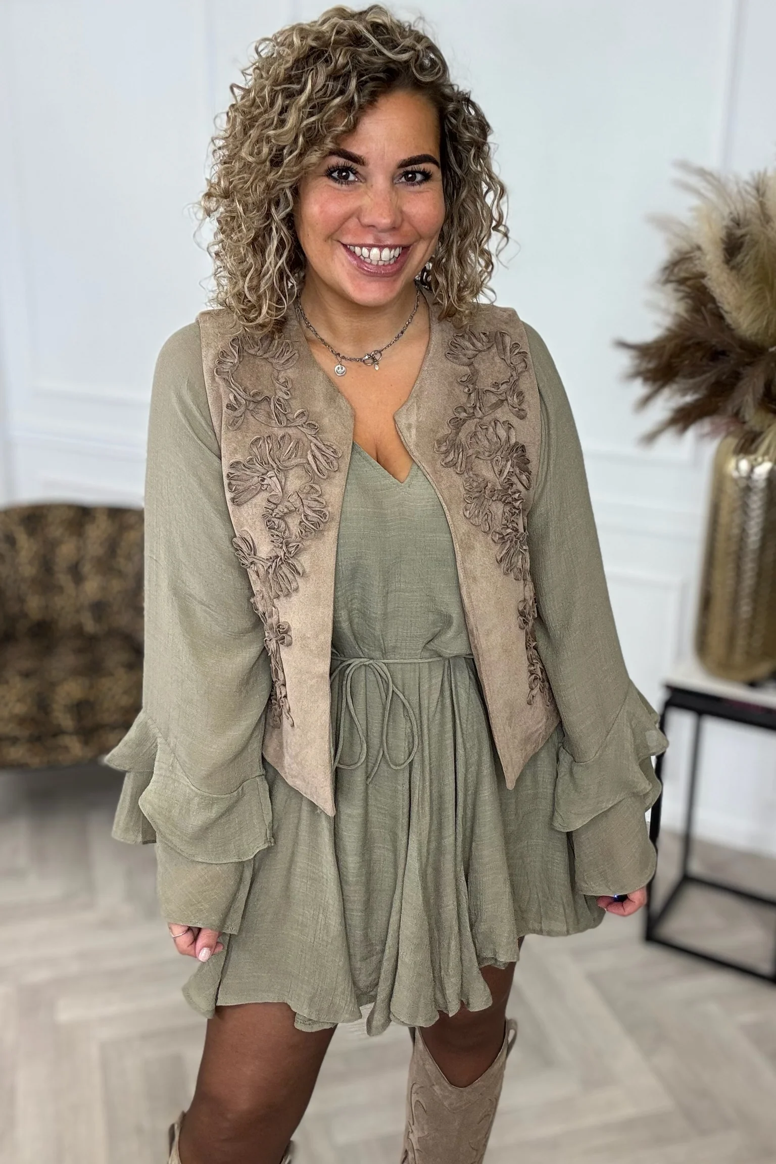 Embroidered Suede Gilet - Taupe - Image 5