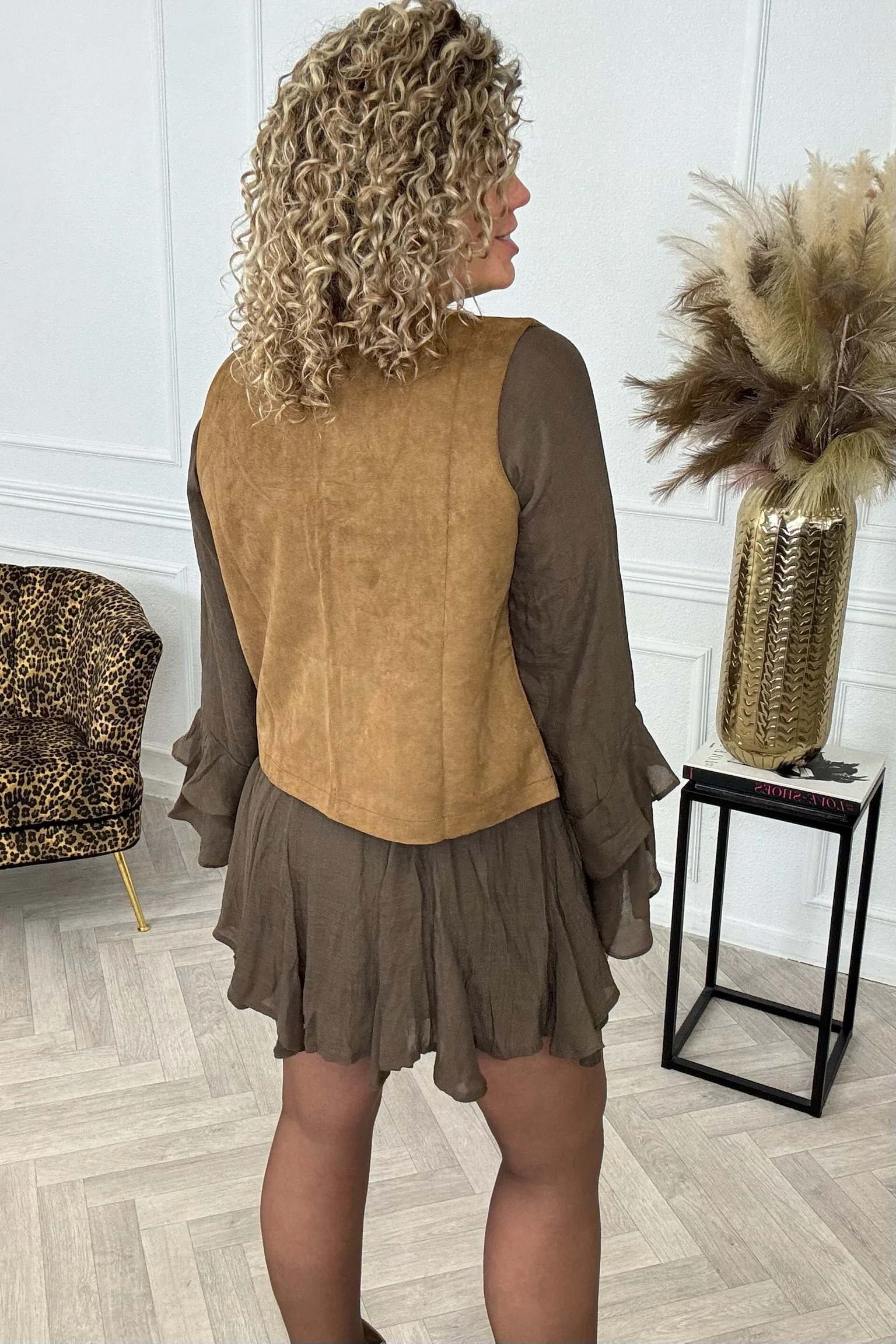 Embroidered Suede Gilet - Brown - Image 3
