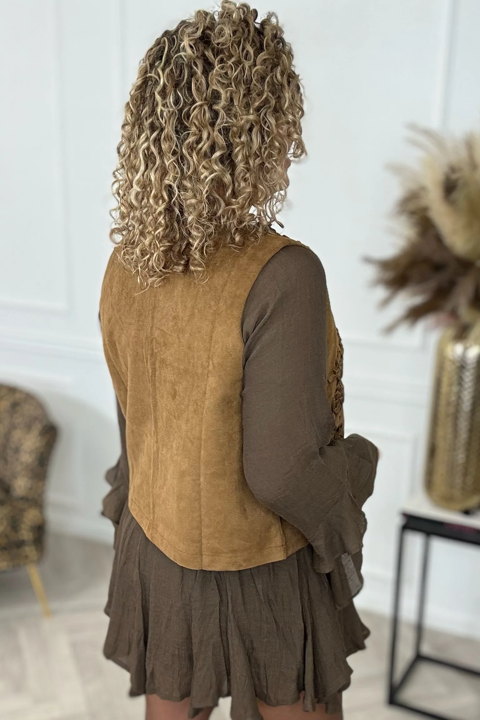 Embroidered Suede Gilet - Brown - Image 4