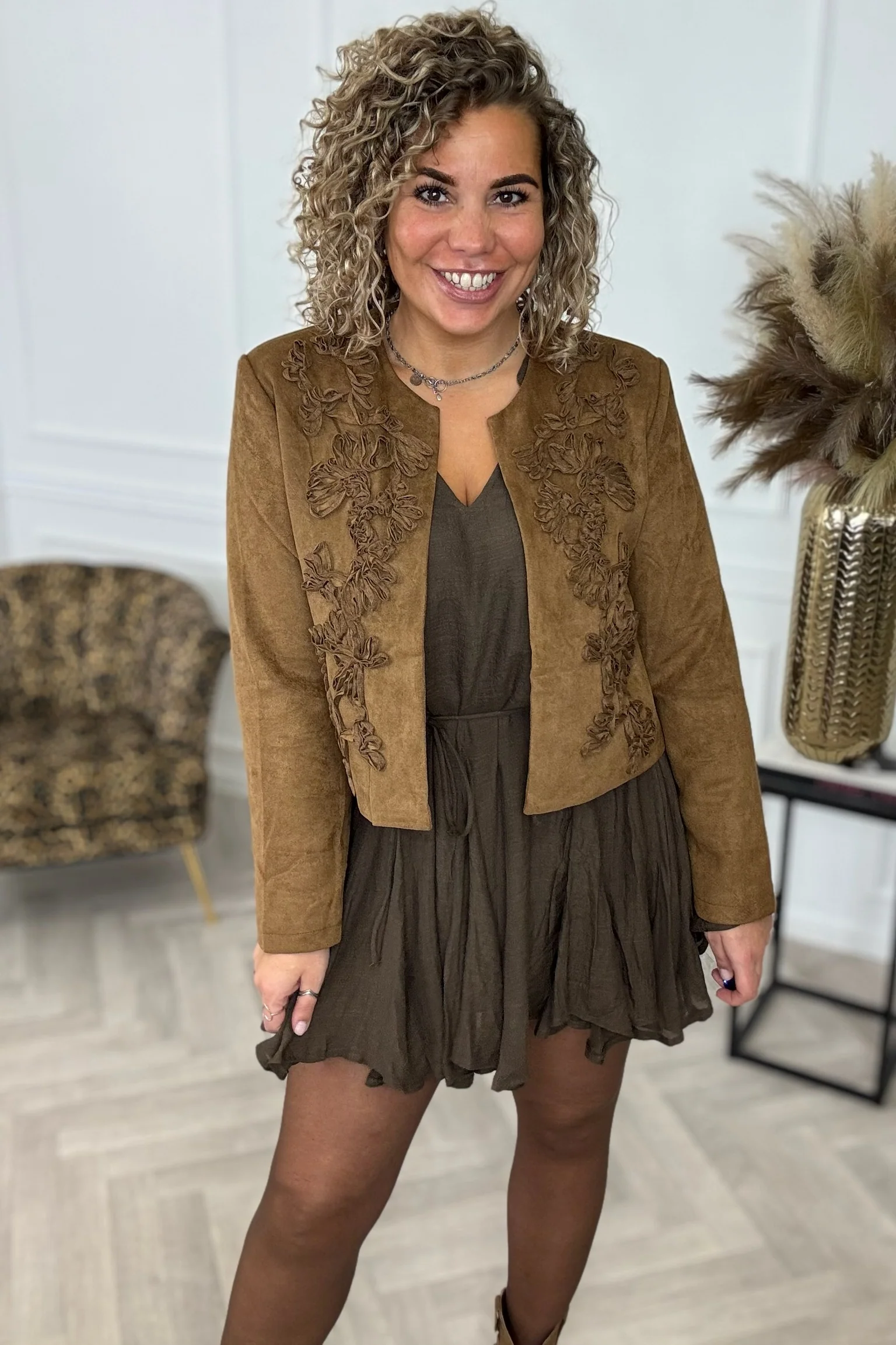 Embroidered Suede Jacket - Brown - Image 6
